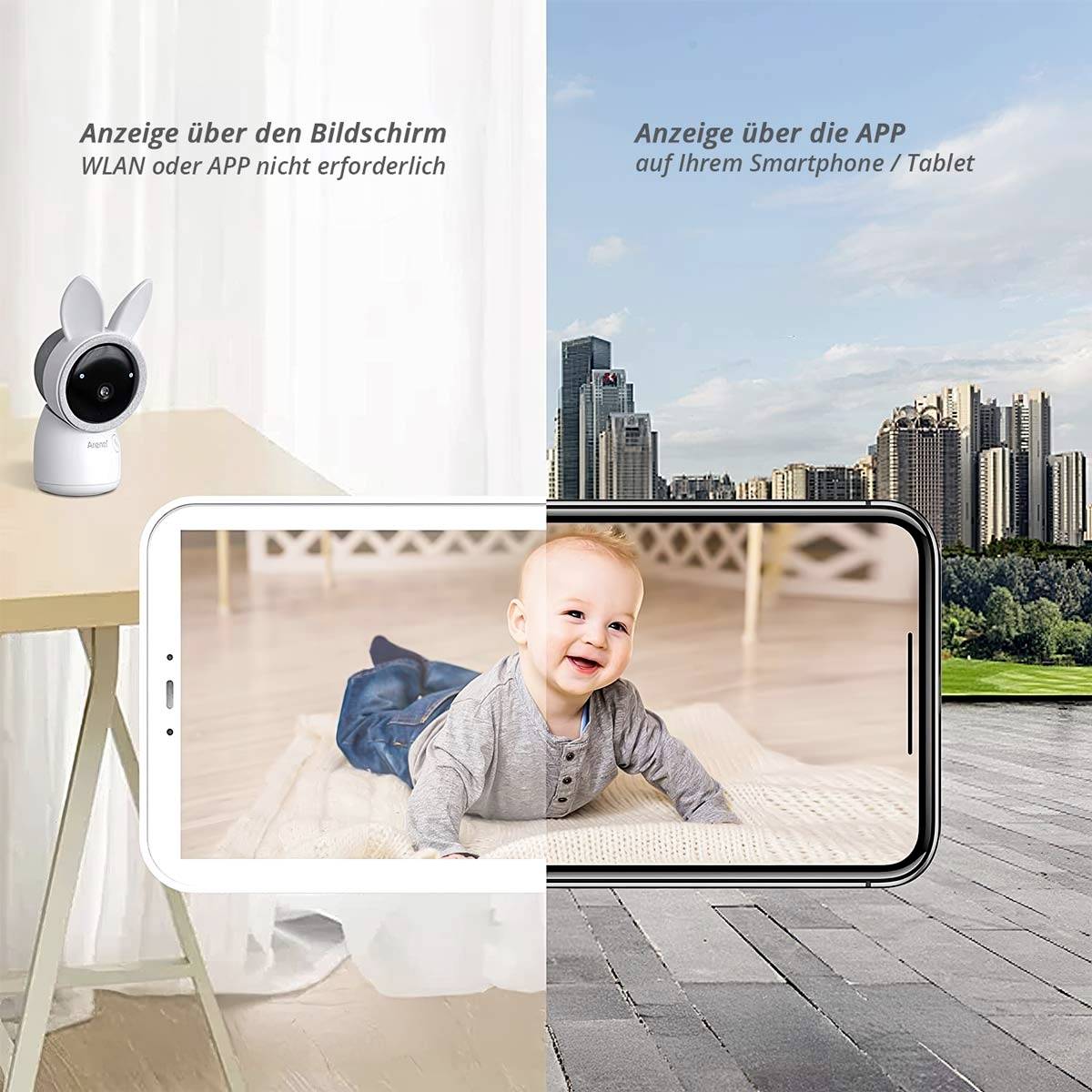 Eine Baby-Kamera auf einem Tisch, verbunden mit einem Smartphone, zeigt ein Baby lächelnd auf dem Bildschirm. Text verweist auf App und WLAN-Nutzung.