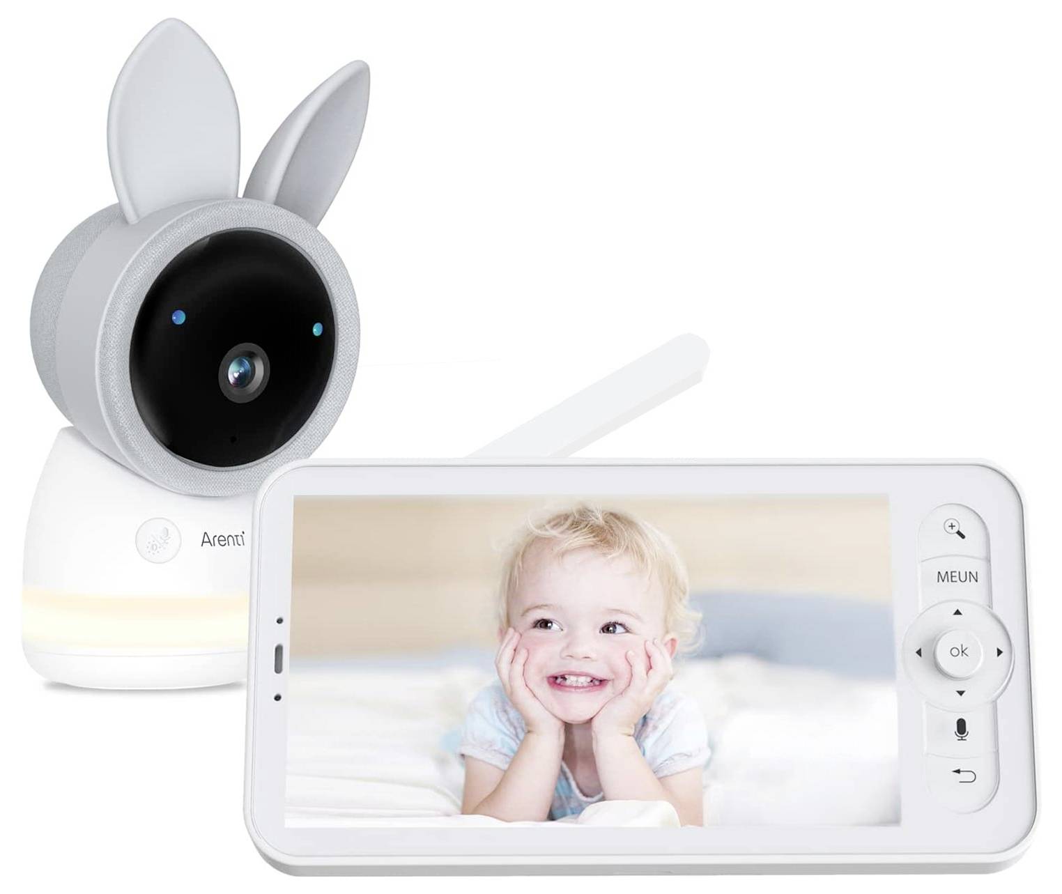 Ein Babyphone mit Kamera in Hasenohren-Design, neben einem Monitor, der ein lächelndes Kleinkind zeigt.