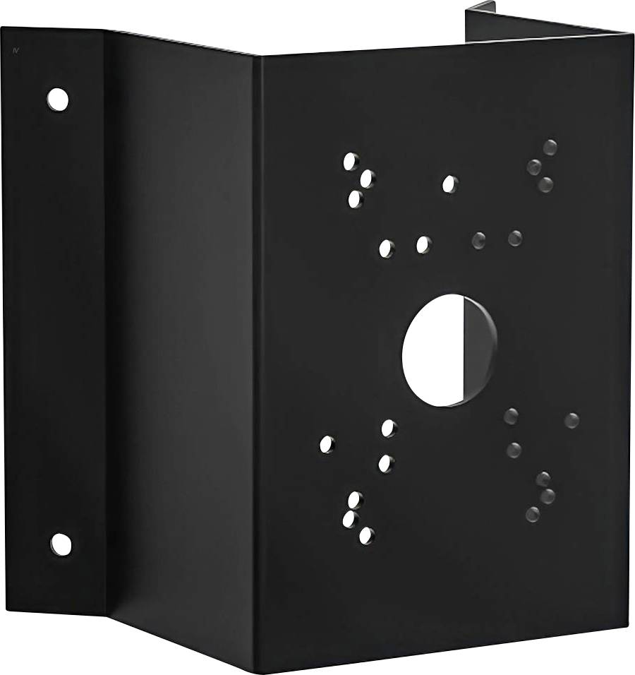 Schwarze, rechteckige Metallhalterung mit Löchern zur Befestigung. Sie ist für die Montage an der Wand vorgesehen.