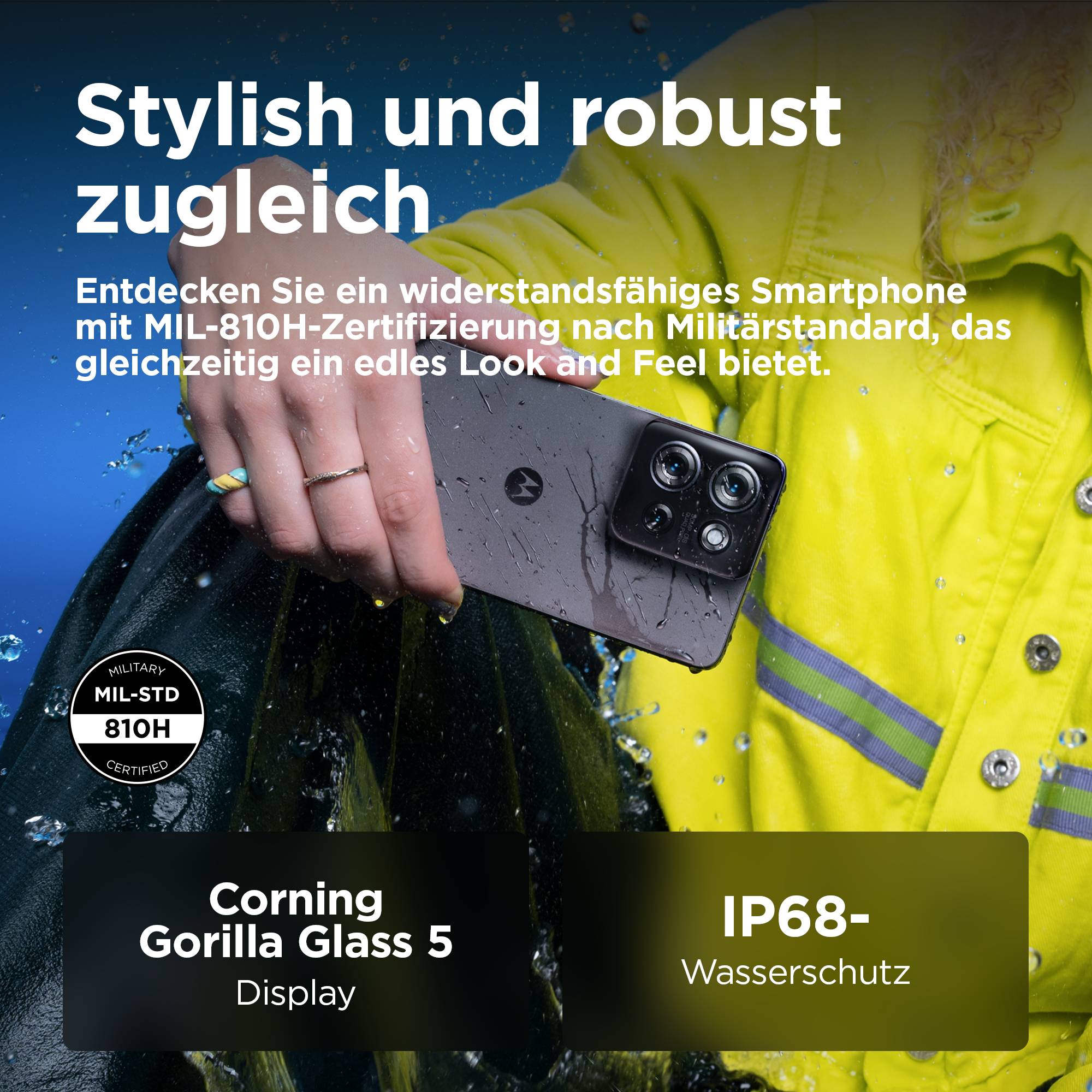 Das Bild zeigt eine Hand, die ein robustes Smartphone hält, umgeben von Wasser. Text: 'Stylish und robust zugleich', mit technischen Details.