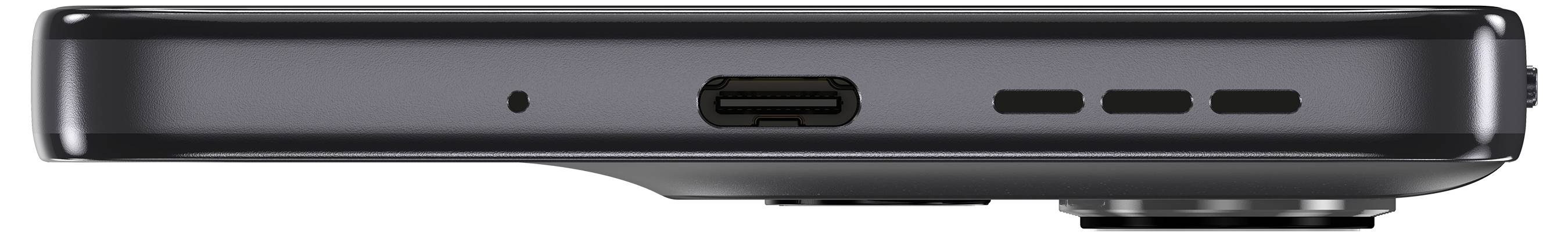 Eine schwarze Smartphone-Unterseite mit USB-C-Anschluss in der Mitte und Lautsprechergittern rechts.