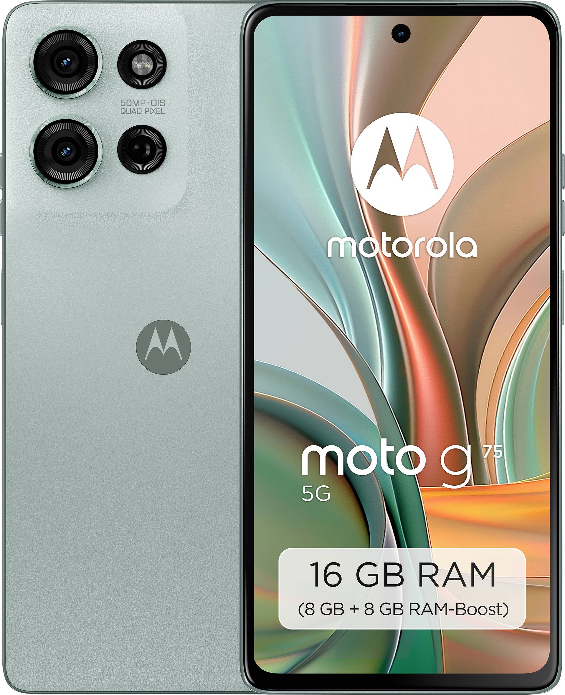 Front- und Rückansicht eines Motorola Moto G74 5G Smartphones in Grün, das seine drei rückseitigen Kameras und die Funktion 