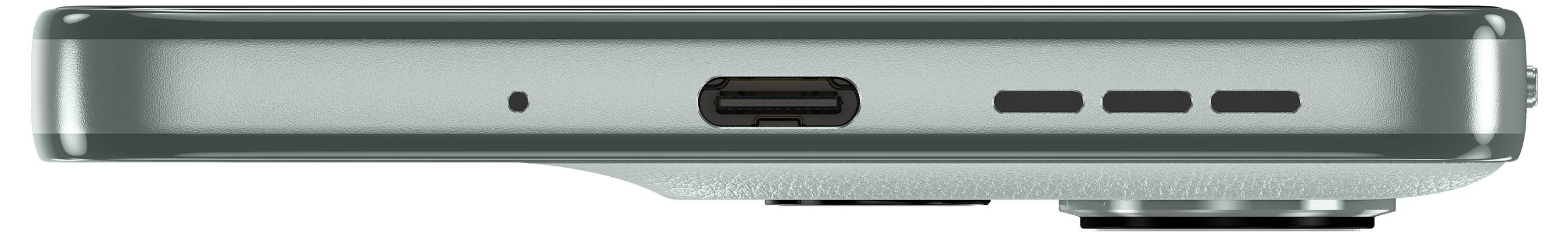 Seitenansicht eines modernen Smartphones mit einem USB-C-Anschluss, drei Lautsprecherlöchern und einem Mikrofon-Loch an einer schlanken, metallischen Kante.