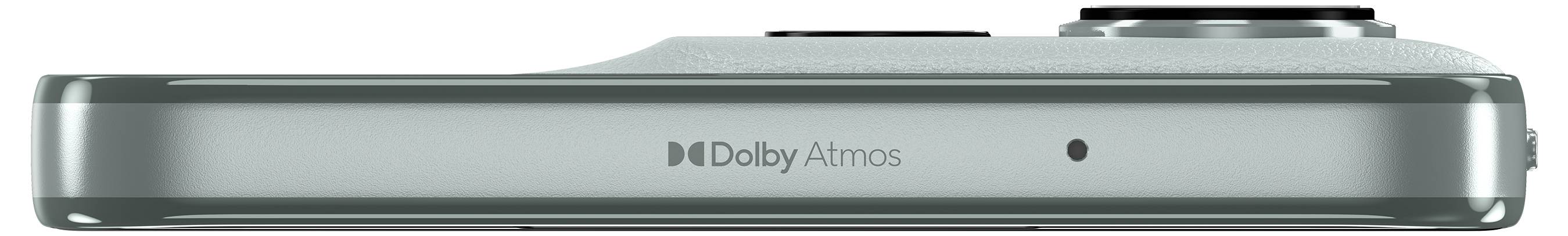 Ein schlankes elektronisches Gerät von der unteren Kante aus betrachtet, mit dem Logo „Dolby Atmos