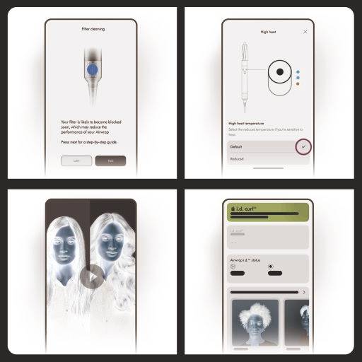 Vier Grafiken von Smartphone-Screens. Erste zeigt den Reinigungsmodus, zweite Temperatur-Einstellungen, dritte Filteranzeige, vierte Haarstile.