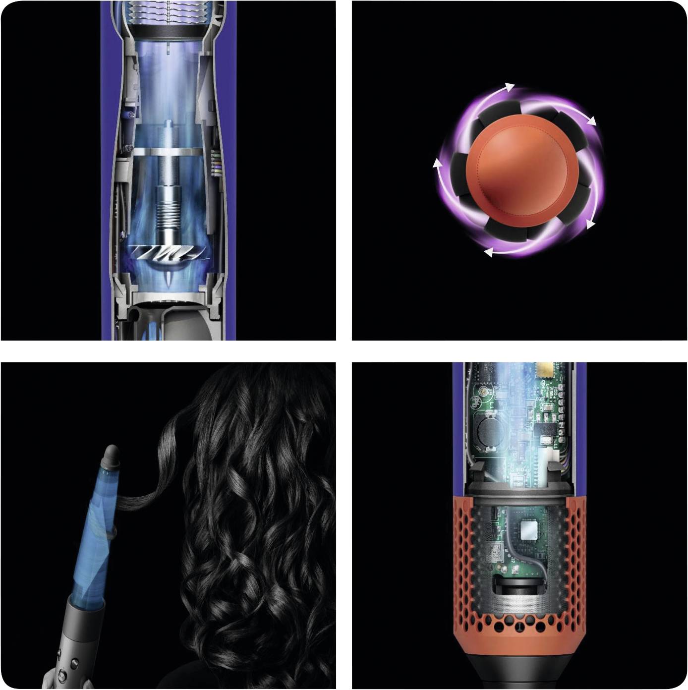 Bild zeigt Details und Funktionsweise eines Haarstylers: technische Innenseite, runde Stylingdüse, Haarlockenprozess und Luftstrommechanik.