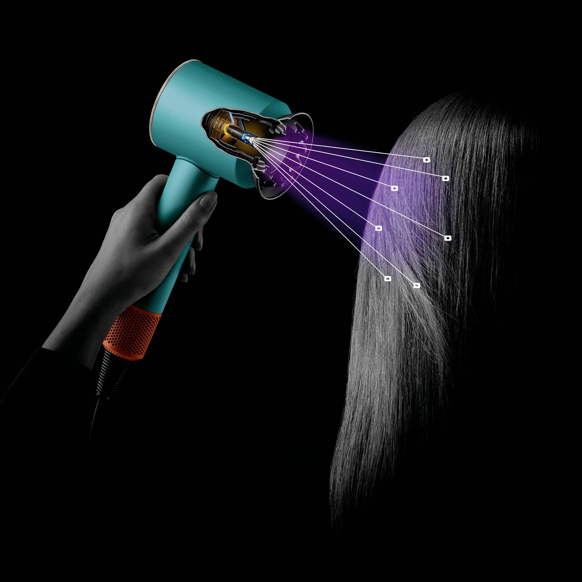 Ein Föhn trocknet nasses Haar, wobei digitale Symbole den Luftstrom und die Temperaturregulierung darstellen.