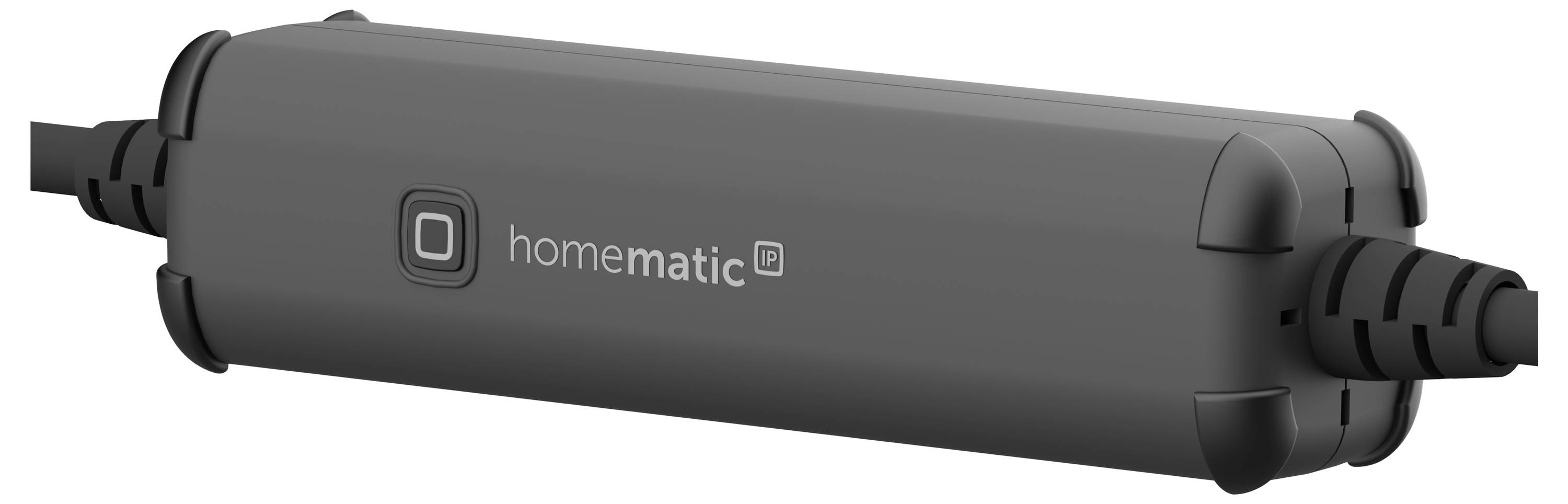 Ein graues, rechteckiges elektronisches Gerät mit Logo 'homematic IP' auf der Oberfläche. Kabelanschlüsse an beiden Enden.