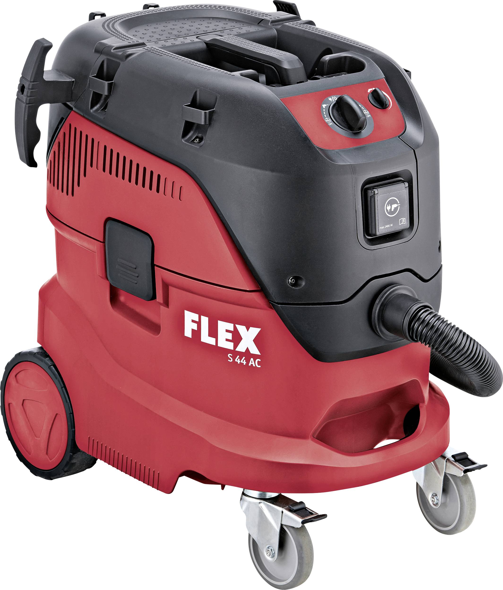 Ein roter Industriesauger mit schwarzem Gehäuse, Schlauchöffnung vorne, vier Rollen und Bedienelementen oben. Modell 'FLEX S 44 AC'.