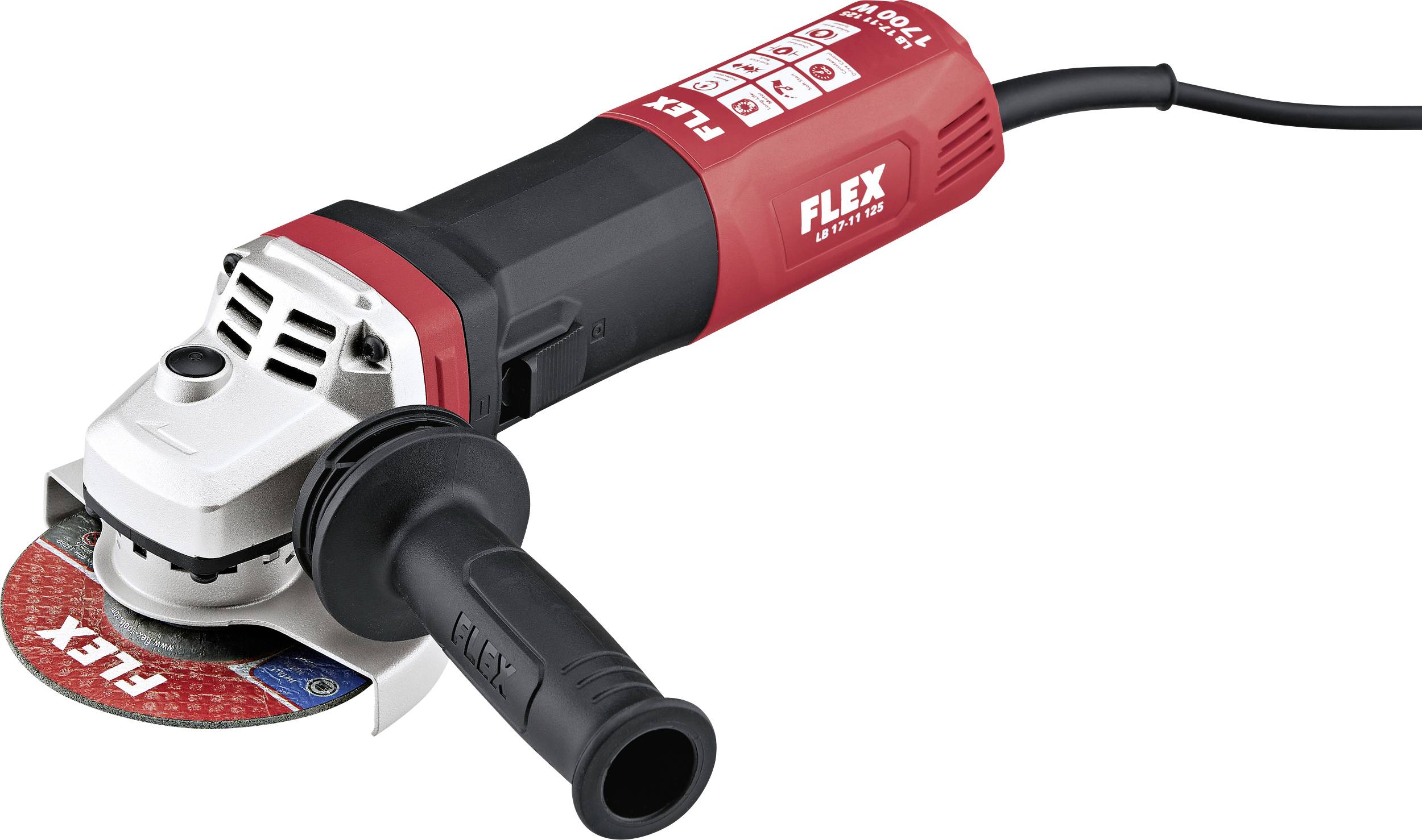 Eine rote und schwarze Winkelschleifmaschine mit ergonomischem Griff und Scheibe, geeignet für Arbeiten in der Metallbearbeitung.