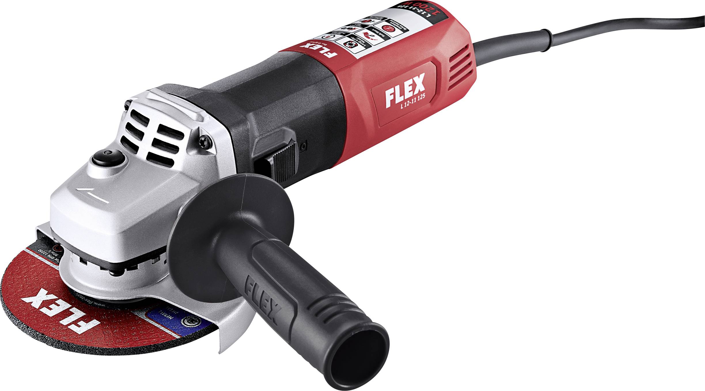 Winkelschleifer der Marke Flex in Rot und Schwarz mit abnehmbarem Handgriff, präsentiert auf einem weißen Hintergrund.