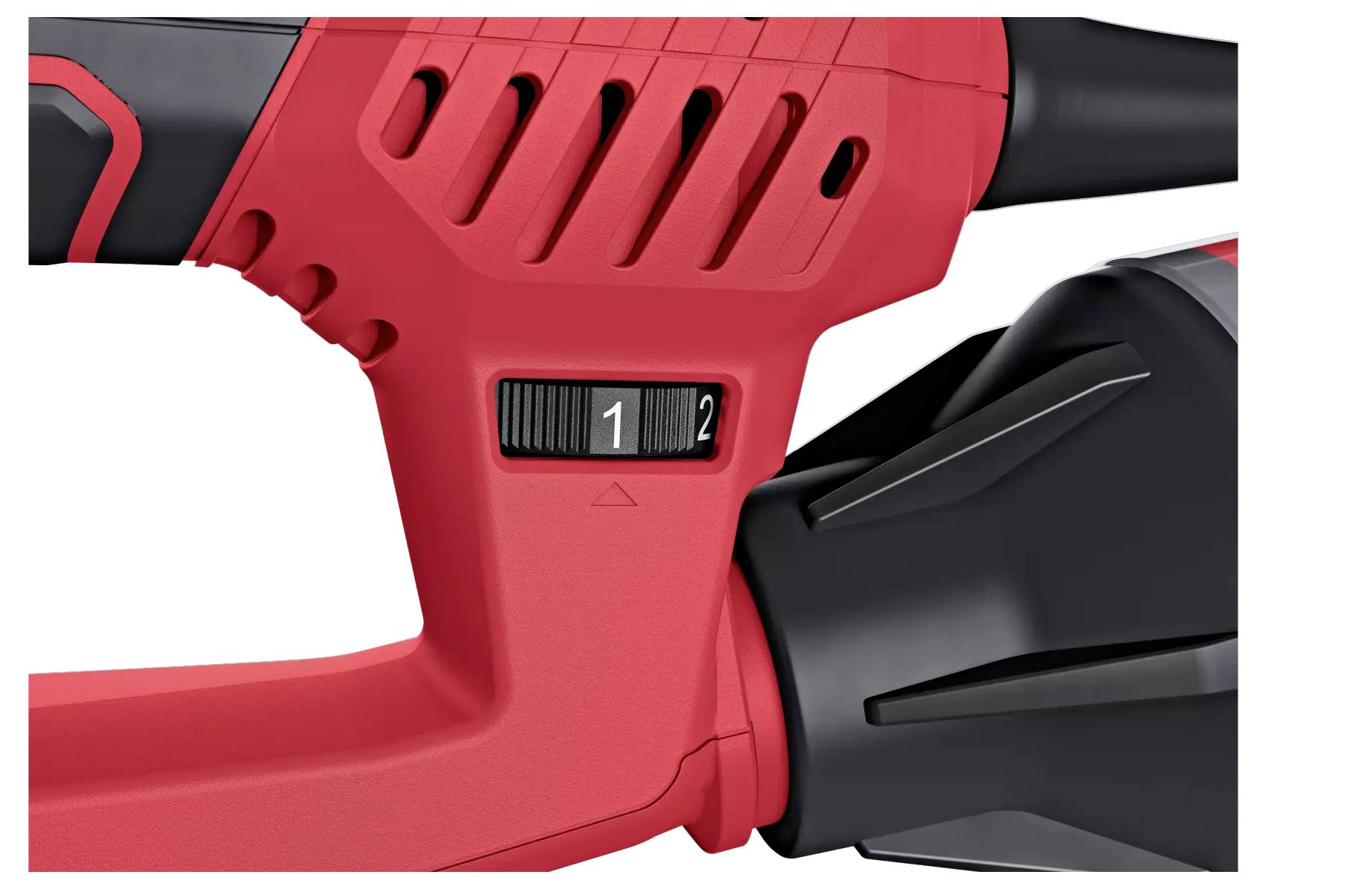 Griff eines roten Elektrogeräts mit zwei Geschwindigkeitsstufen, nummeriert '1' und '2', und einem Schieberegler zur Einstellung.