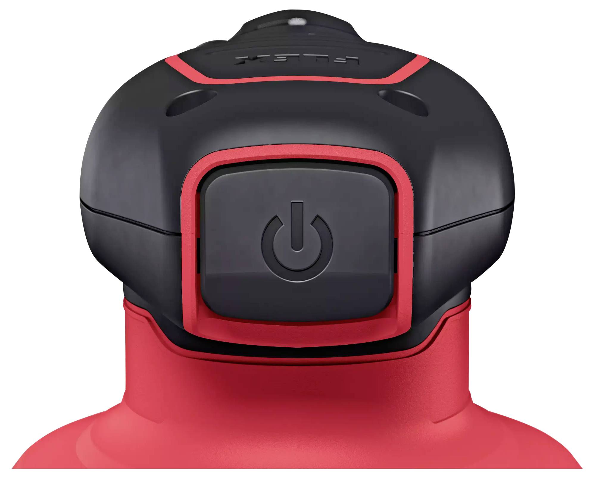 Rote Getränkeflasche mit schwarzem Verschluss und prominentem Power-Symbol auf der Vorderseite des Deckels.