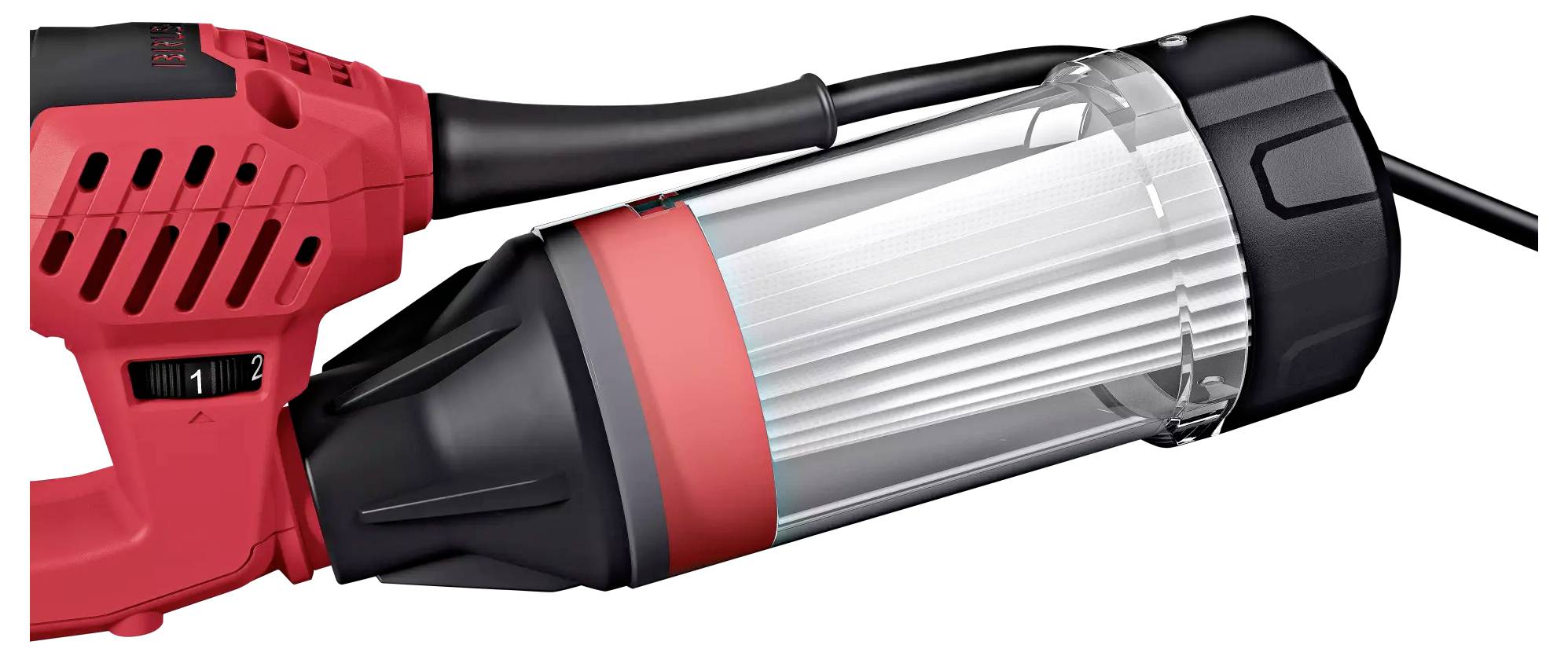 Ein rotes, tragbares Elektrowerkzeug mit schwarzem Griff und durchsichtigem Zylinder, vermutlich ein Handstaubsauger oder Gebläse.