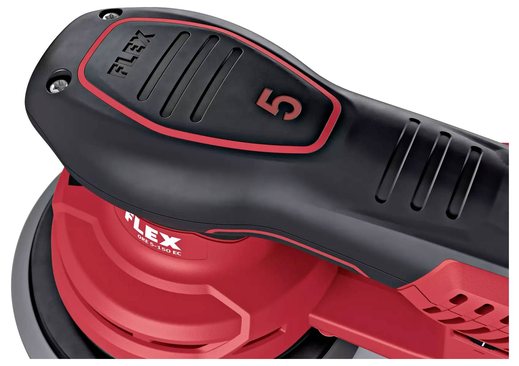 Ein roter und schwarzer elektrischer Schleifer mit der Aufschrift 'FLEX' und einer großen Zahl '5' oben.
