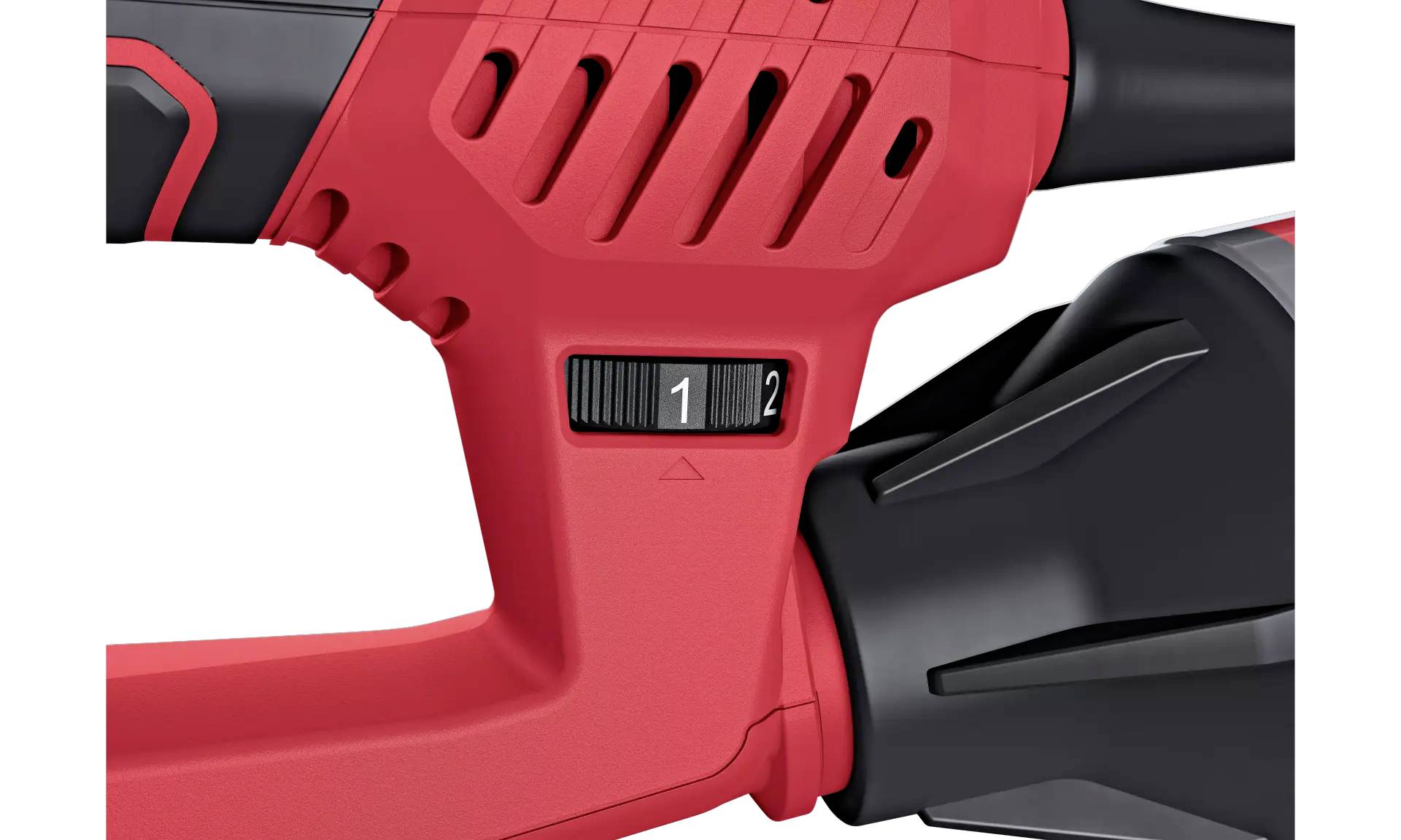 Roter Griff eines Elektrowerkzeugs mit einem Schalter zur Geschwindigkeitsregelung, positioniert auf Stufe '1'.