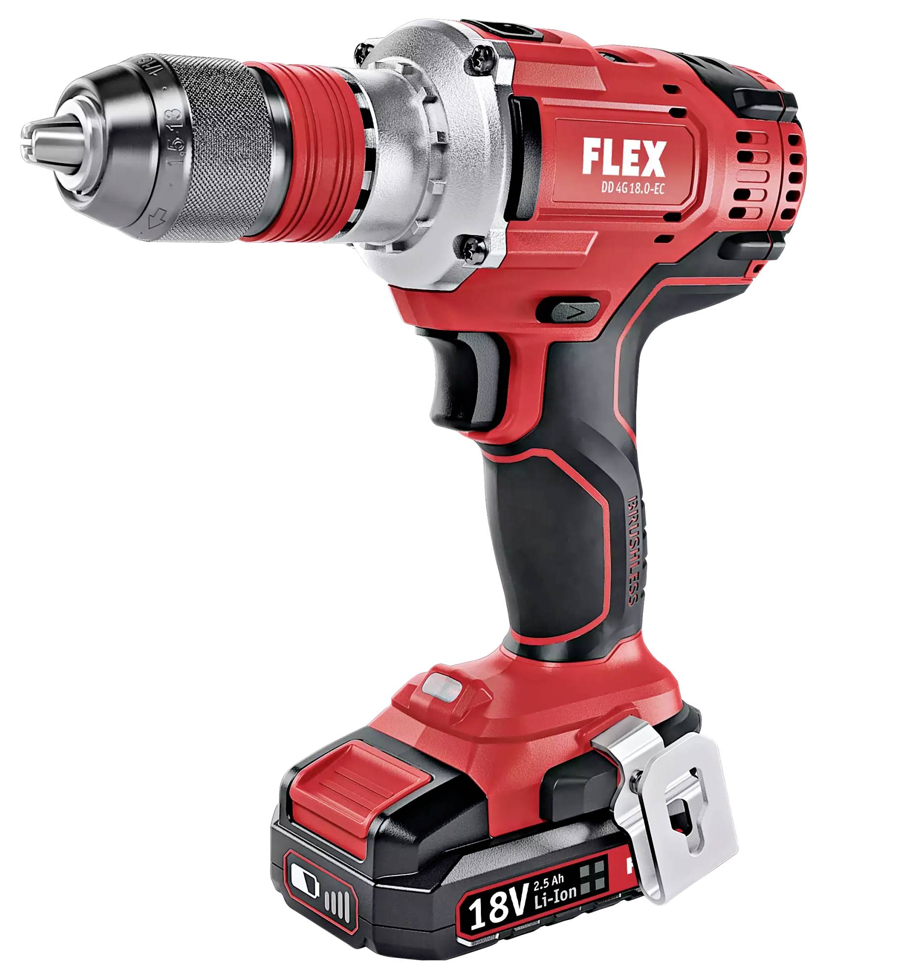 Roter Akkuschrauber mit silbernem Bohrkopf und schwarzem Griff. Aufschrift 'FLEX' und '18V Li-Ion' betont die Marke und Akkuleistung.