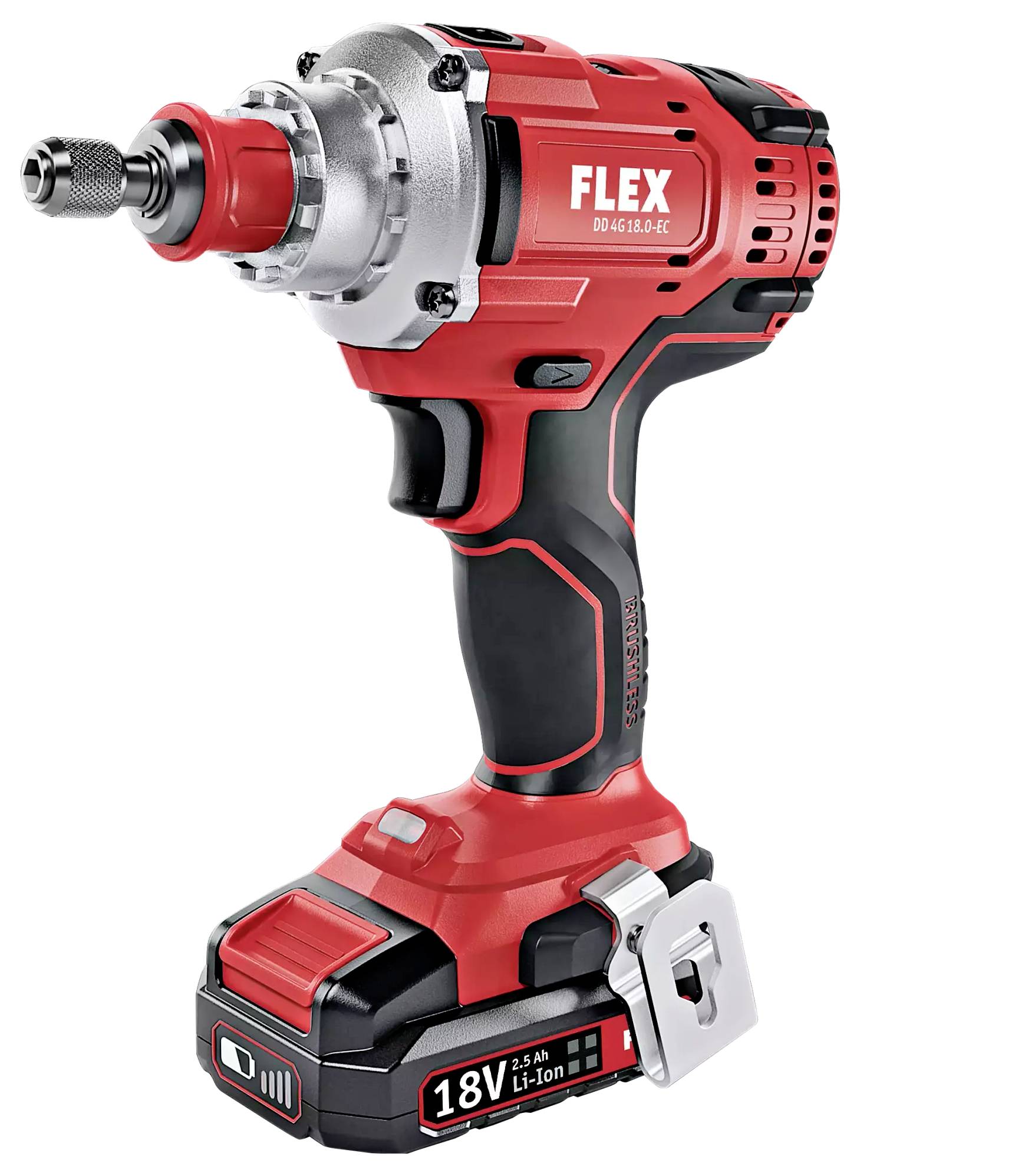 Ein roter Akkuschlagschrauber mit schwarzem Griff und silbernem Kopf. Der Akku zeigt '18V 2,5 Ah Li-Ion'.
