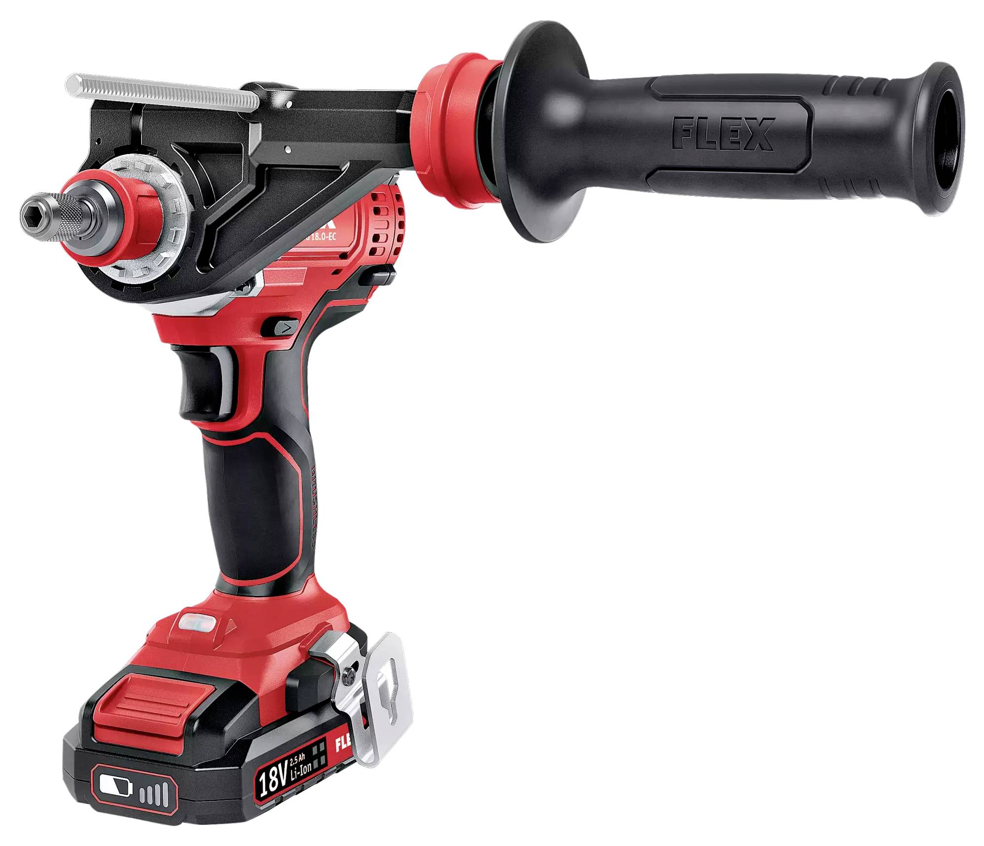 Ein roter Akkubohrschrauber mit seitlichem Griff und 18V-Batterie, geeignet für handwerkliche Arbeiten. Markenname lautet 'Flex'.