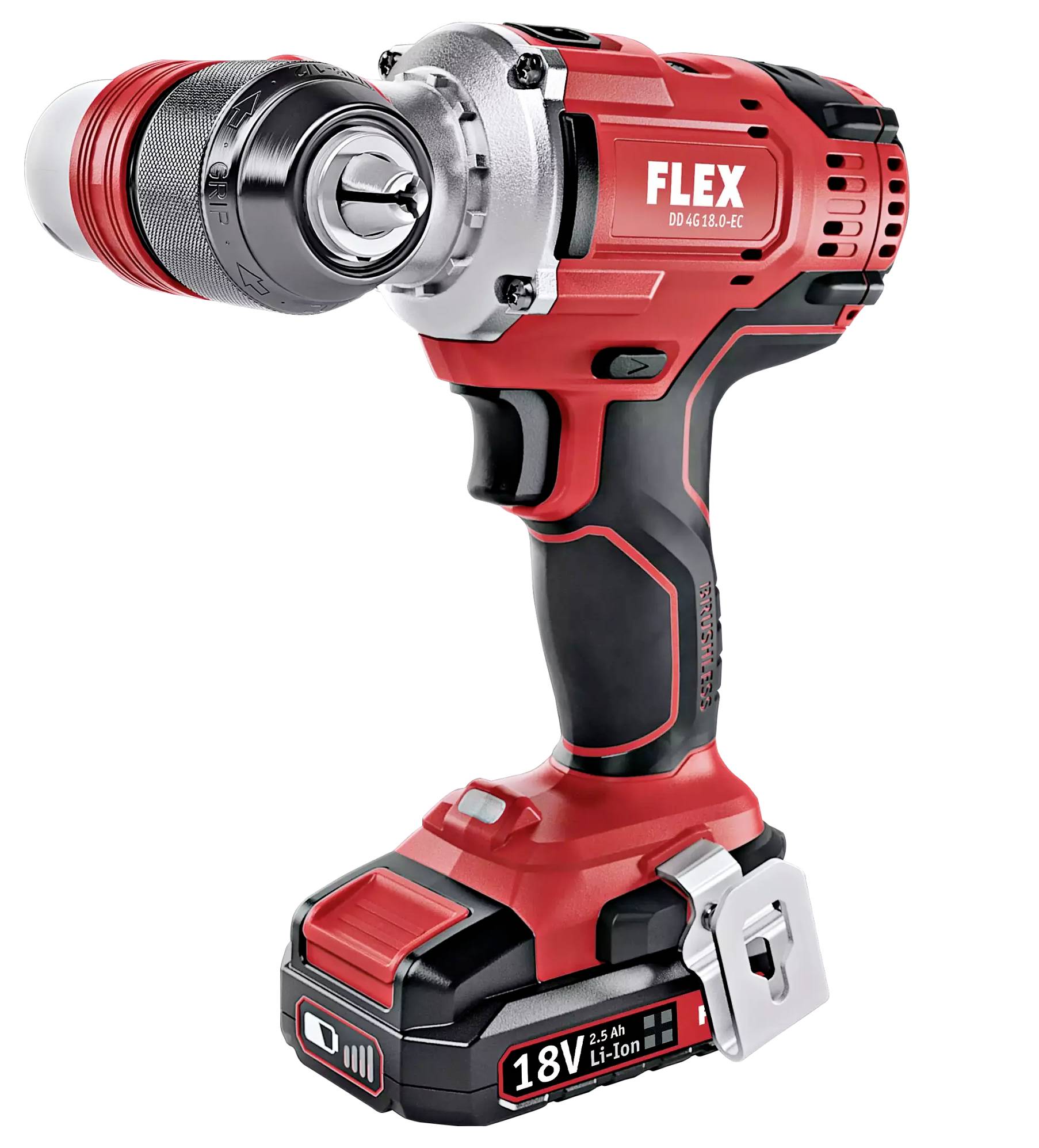 Ein roter kabelloser Akkuschrauber mit Griff, Bohrfutter und Akkupack. Markenname und Spezifikationen sind sichtbar.