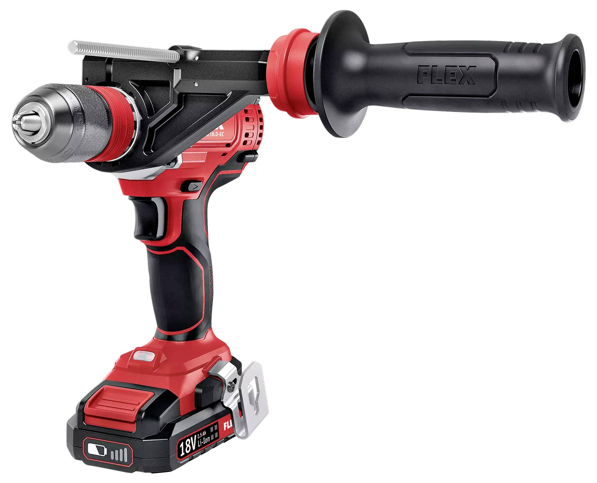 Akkubohrmaschine mit rotem Gehäuse und schwarzem Griff. Rechts ist ein zusätzlicher Haltegriff angebracht. Markierung mit '18V'.