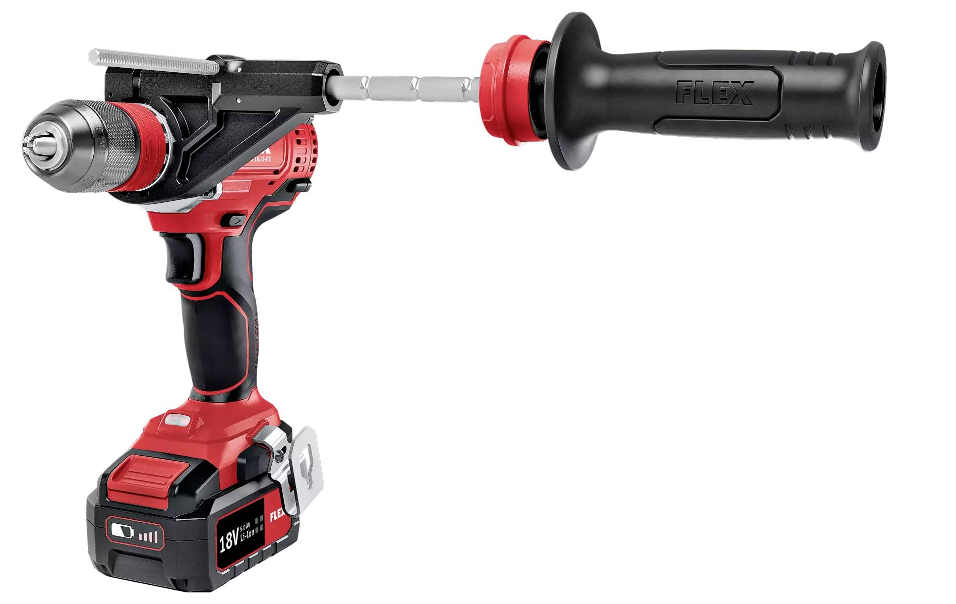 Kabellose, rote Akku-Bohrmaschine mit seitlichem Griffaufsatz, markiert mit 'FLEX' Logo, auf weißem Hintergrund.