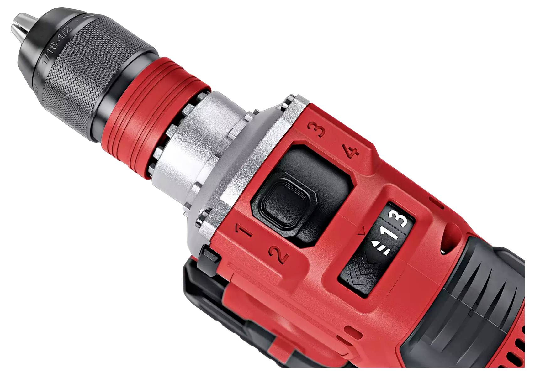 Akkuschrauber in Nahaufnahme, rotes Gehäuse, schwarzes Bohrfutter, mit einstellbaren Drehzahlstufen.