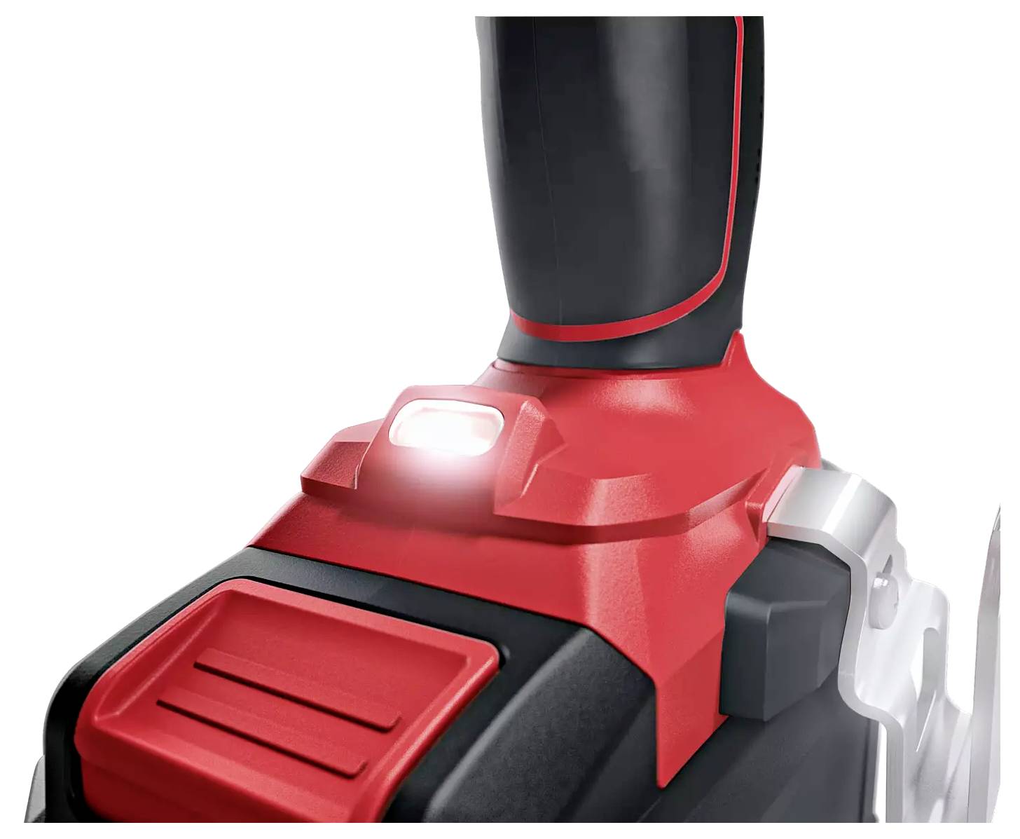 Ein roter und schwarzer Akkuschrauber mit eingeschaltetem LED-Licht am Kopf, betont die Beleuchtung für Arbeiten in dunklen Bereichen.