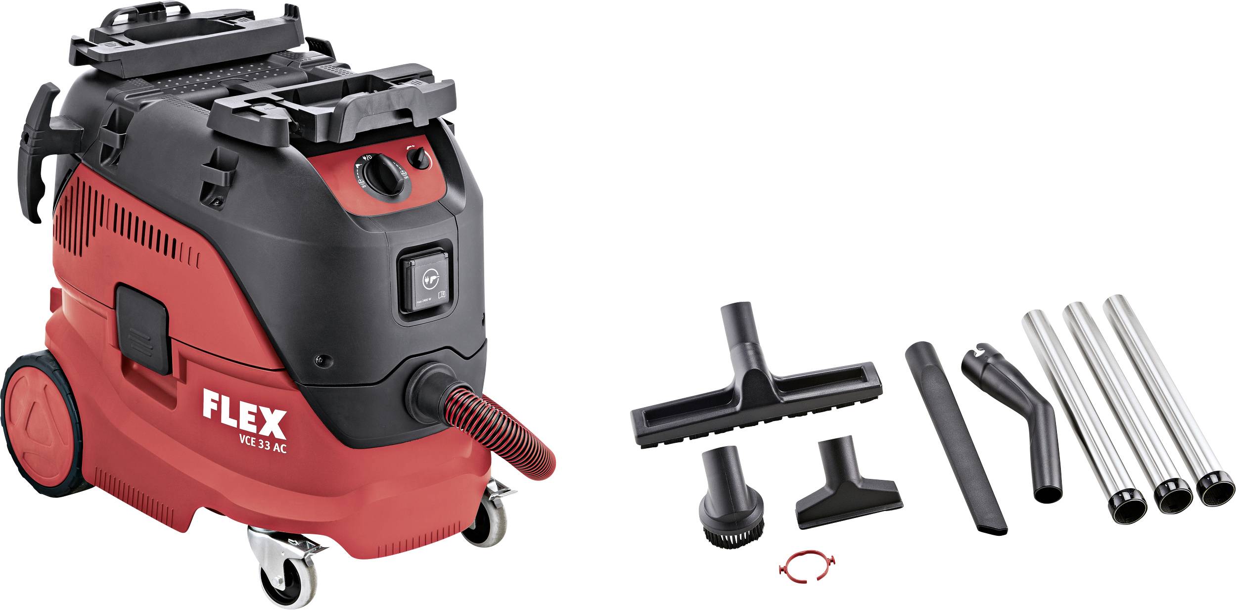 Industriestaubsauger in Rot mit Zubehör: verschiedene Düsen und Verlängerungsrohre. Das Hauptgerät hat Räder und Bedienelemente.