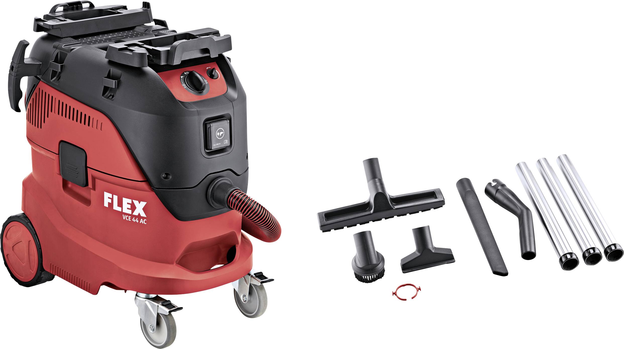 Industriesauger in Rot-Schwarz mit Zubehör: verschiedene Düsen und Rohre zur vielseitigen Boden- und Fugenreinigung.