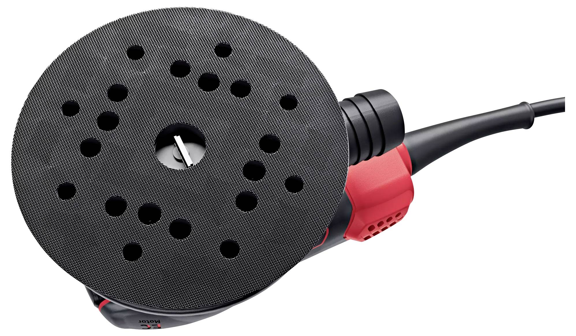 Exzenterschleifer mit schwarzem Schleifteller und roten Details, geeignet für Holz- oder Metallbearbeitung.