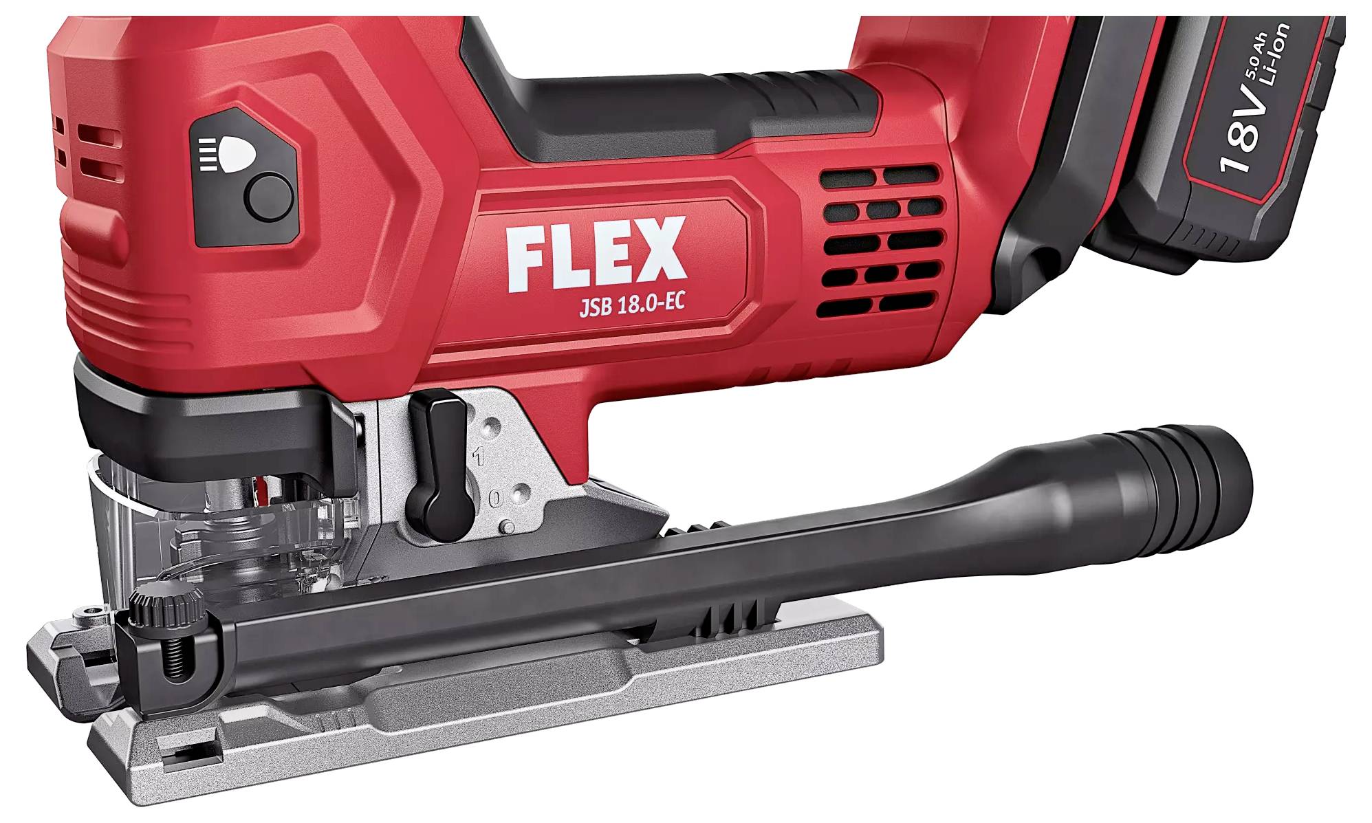 Ein rotes, akkubetriebenes Stichsägenmodell mit dem Markennamen 'FLEX.' Es verfügt über eine 18V Li-Ion-Batterie.