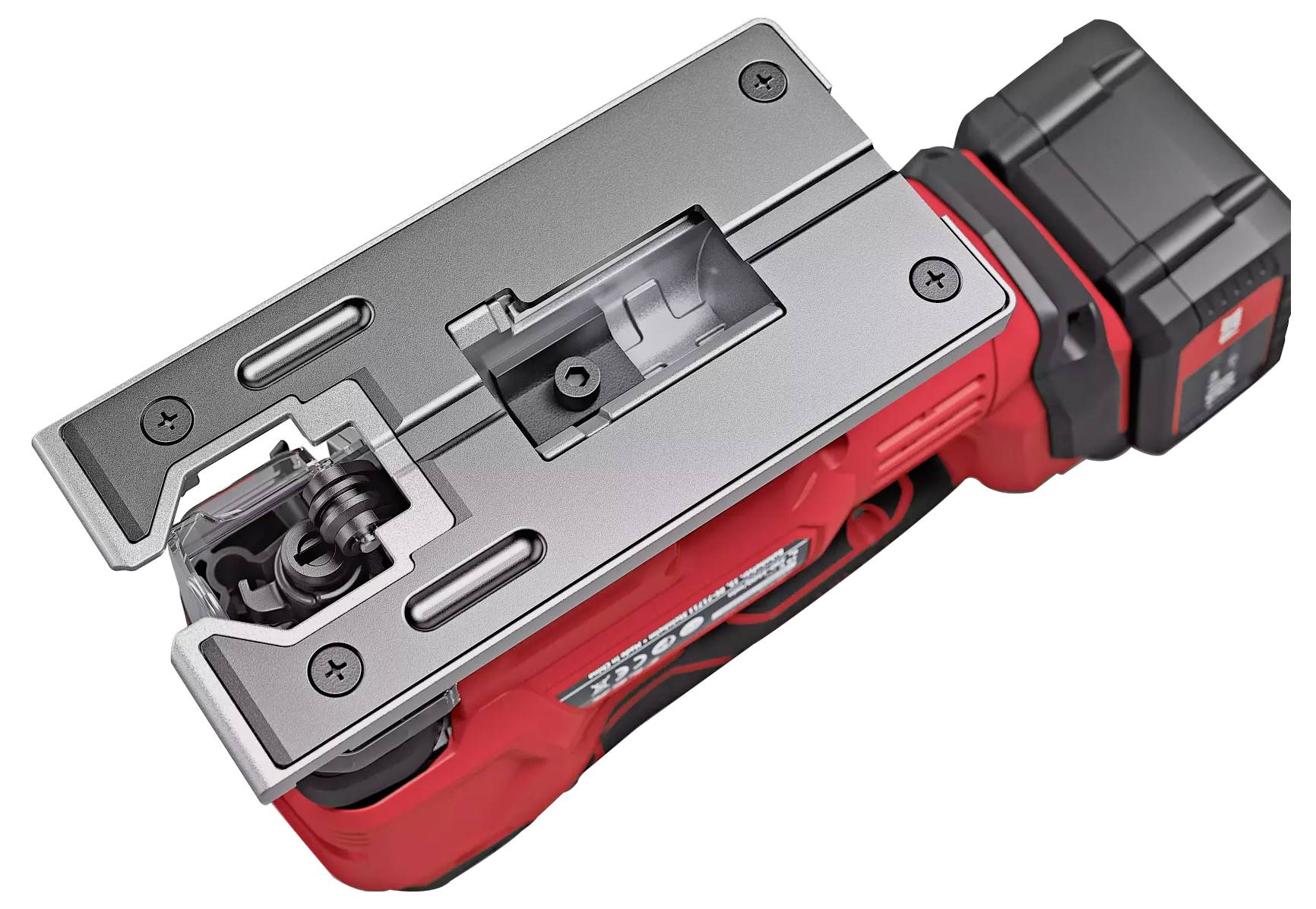 Ein rotes, elektrisches Werkzeug mit metallischen Elementen, verwendet für professionelle Einsatzbereiche, liegt auf einer weißen Fläche.