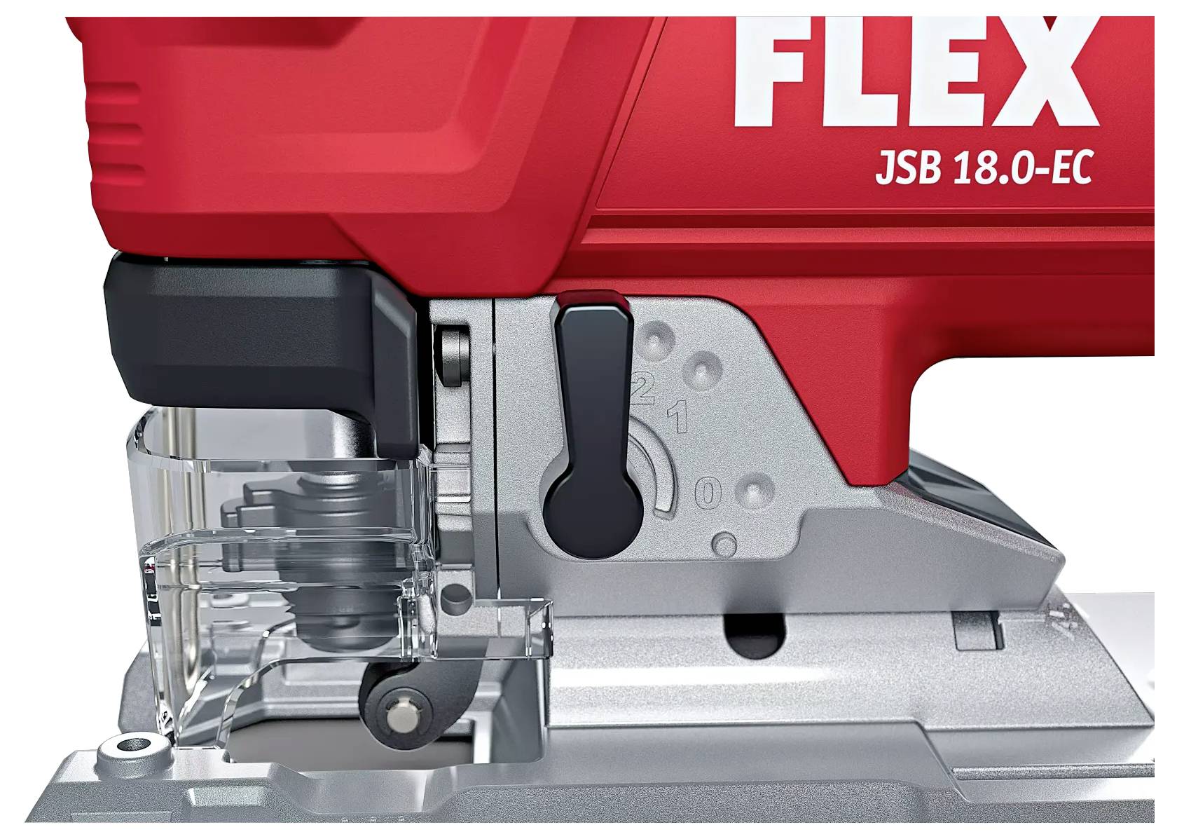 Rote Stichsäge mit Metallunterseite und schwarzem Handgriff, markiert mit 'JSB 18.0-EC'.