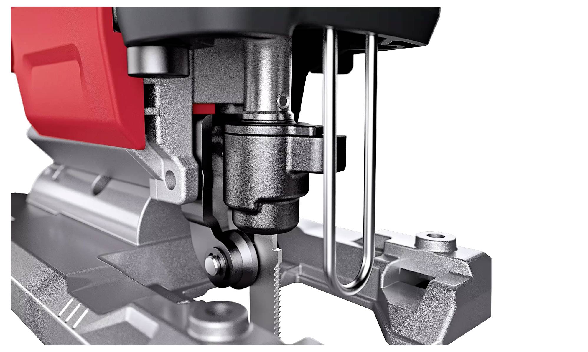 Nahaufnahme einer Stichsäge, die Details des Sägeblatts und der Führung zeigt. Die Maschine ist teilweise in Rot und Silber dargestellt.