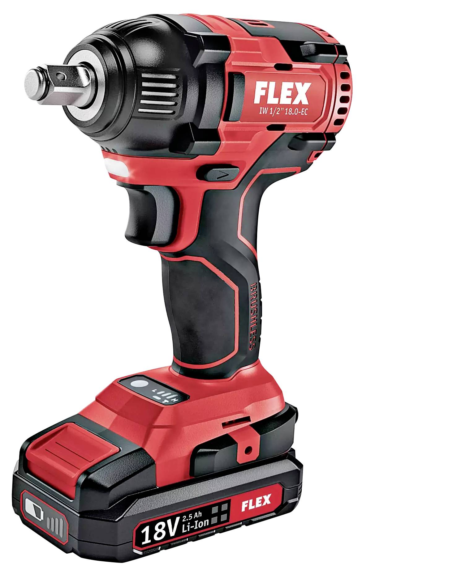 Akkuschrauber FLEX 18V, schwarz-rot, mit ergonomischem Griff und Akku-Anzeigelampe. Geeignet für Heimwerker und Profis.