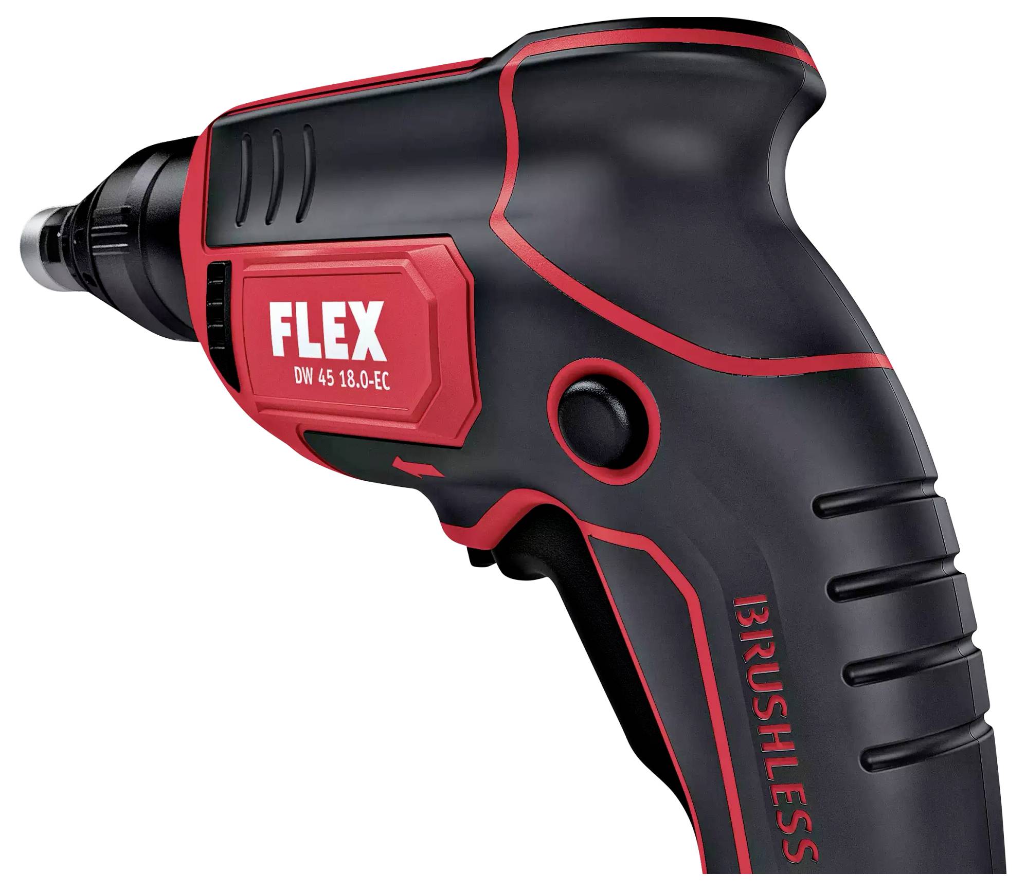 Akkuschrauber mit schwarzem Gehäuse und roten Akzenten, Markenname 'FLEX', Modell 'DW 45 18.0-EC', ergonomisches Design.