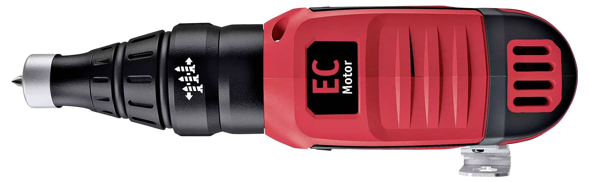 Elektrischer Schraubendreher, rot-schwarz, mit 'EC Motor'-Aufschrift, zeigt einen ergonomischen Griff und ein robustes Gehäuse für präzises Arbeiten.