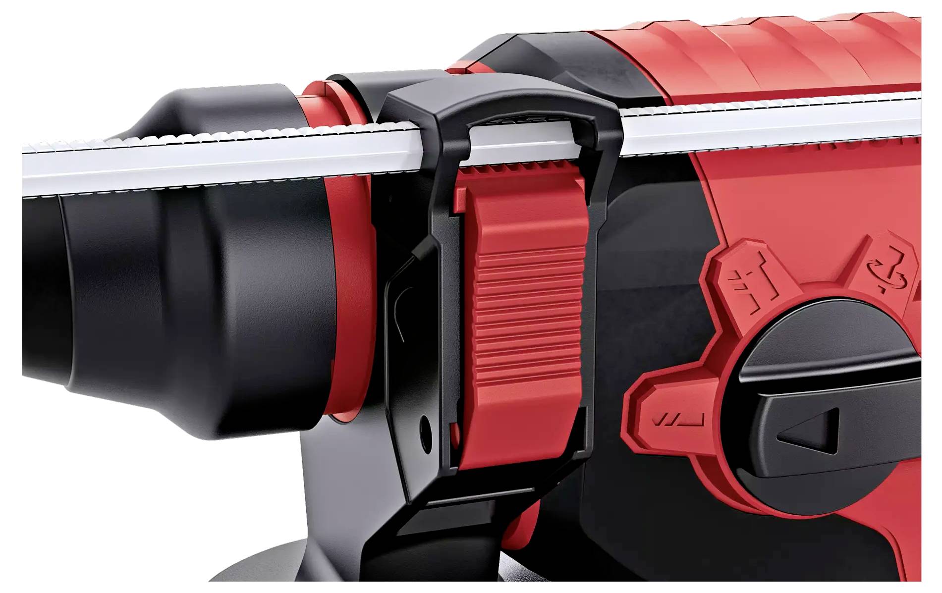 Ein roter und schwarzer Bohrhammer mit Drehknopf und Schalter. Links ist der Bohrer zu sehen. Hauptwerkzeug für Bauarbeiten.