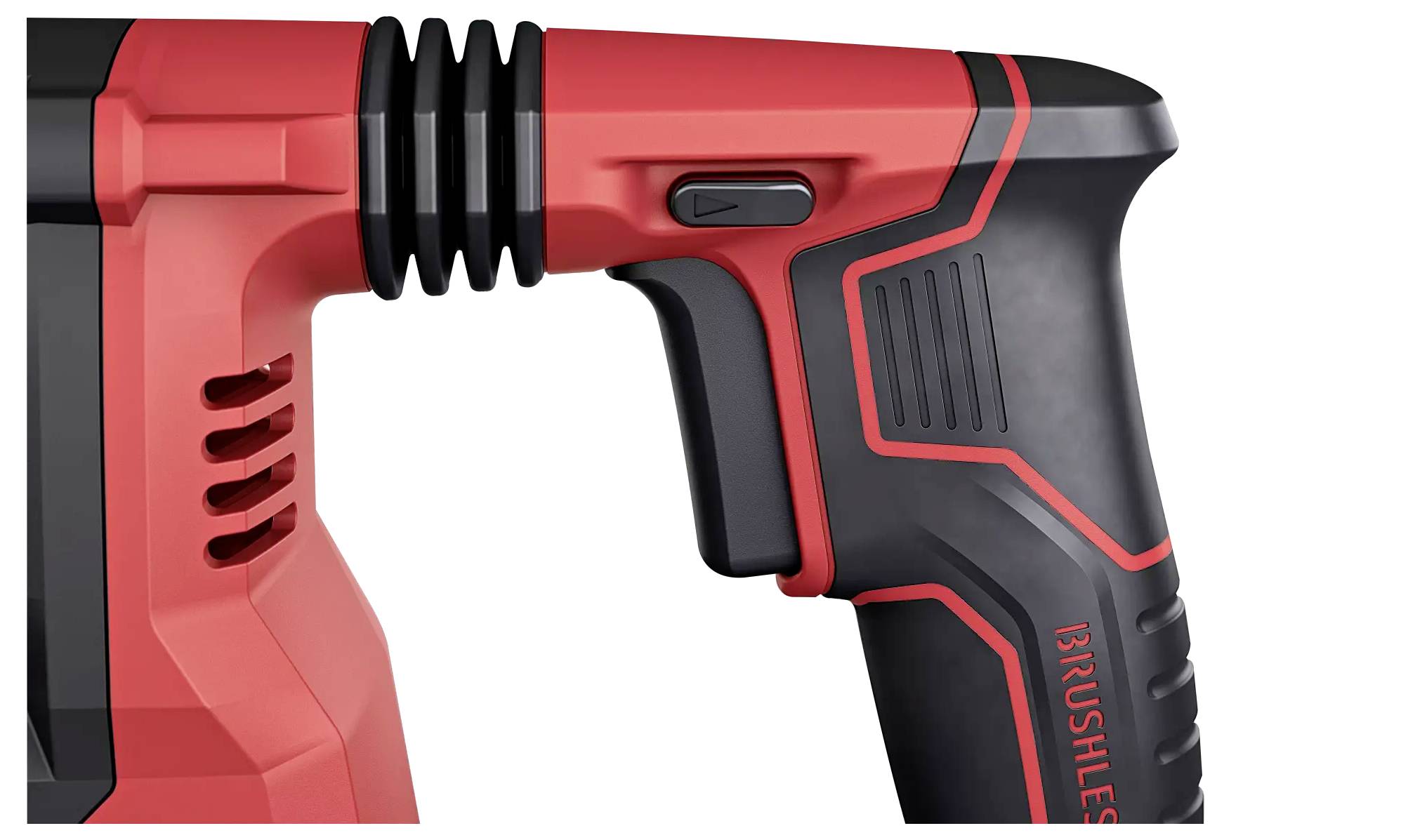 Roter und schwarzer Griff eines Elektrowerkzeugs mit 'Brushless'-Aufschrift. Details wie Lüftungsschlitze und Schalter sichtbar.