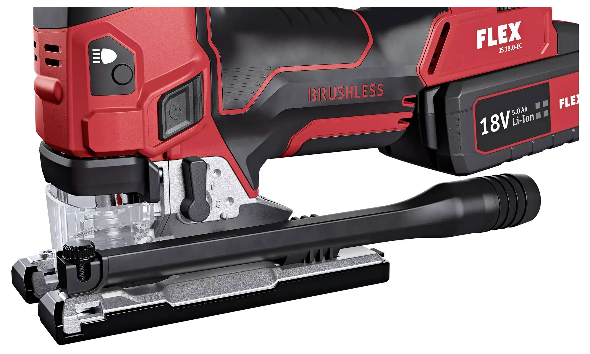 Stichsäge in Rot und Schwarz, seitliche Ansicht. Sie ist akkubetrieben mit einem 18V Lithium-Ionen-Akku und hat einen bürstenlosen Motor.