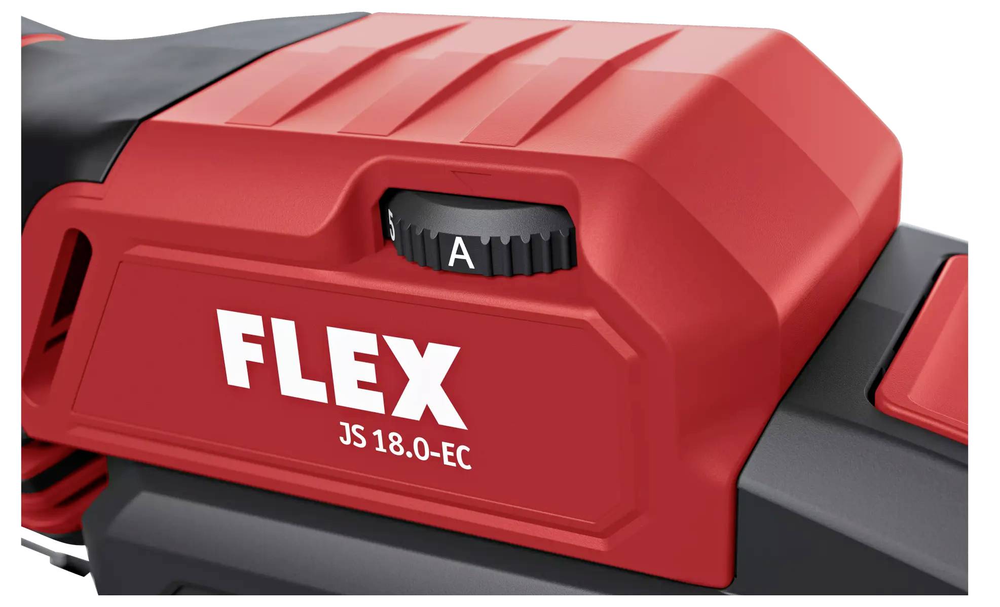 Roter und schwarzer Kunststoffkörper eines Flex JS 18.0-EC Elektrogeräts. Regler mit 'S' und 'A' Markierungen sichtbar.