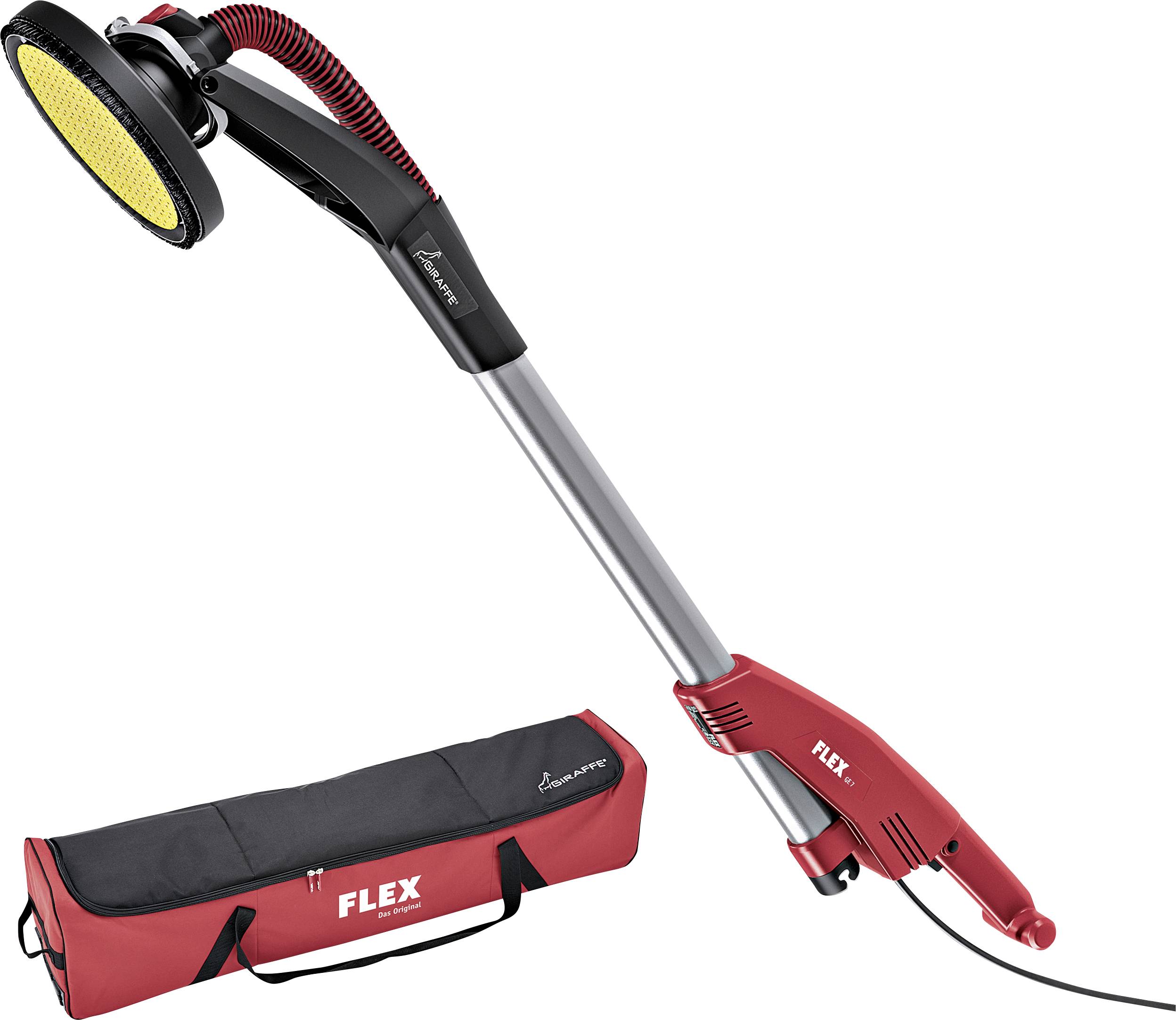 Langhalsschleifer mit rotem und schwarzem Design, gelber Schleifteller, flexibler Hals und roter Tragetasche im Hintergrund.