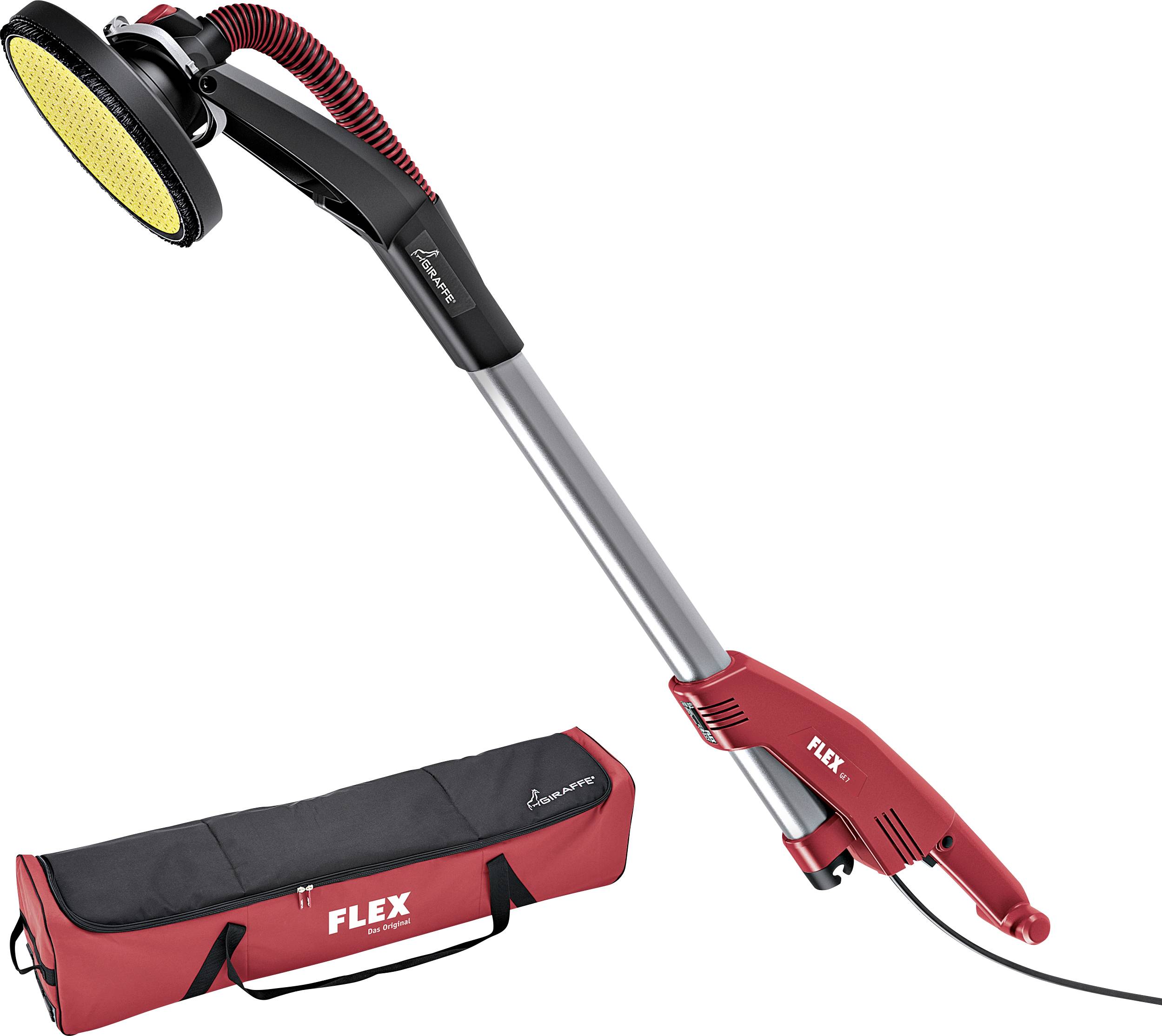 Langhalsschleifer mit gelbem Schleifteller und rotem Griff; FLEX-Logo auf Griff und Tasche. Enthält Tragetasche für einfachen Transport.