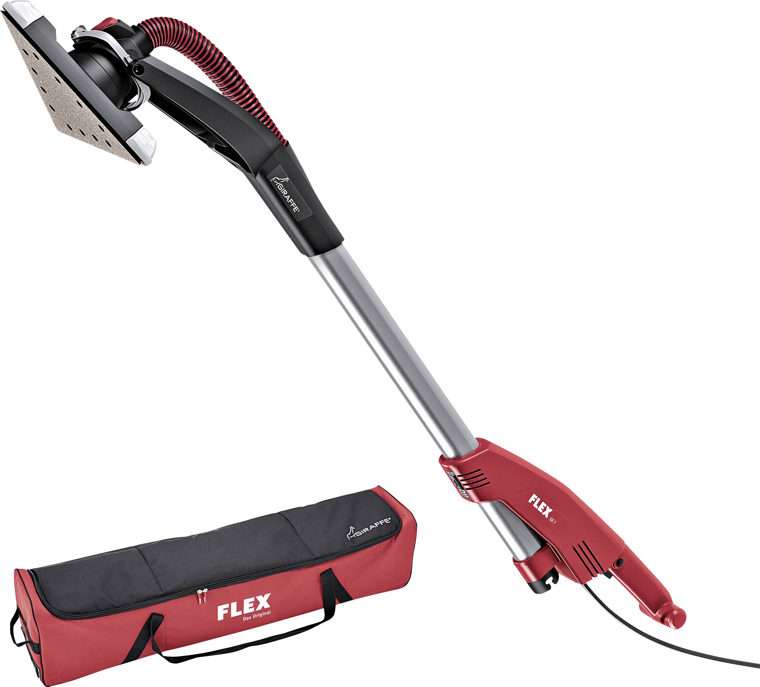 Eine rote und schwarze Schleifmaschine mit langem Griff und passender Tragetasche von der Marke 'FLEX'.