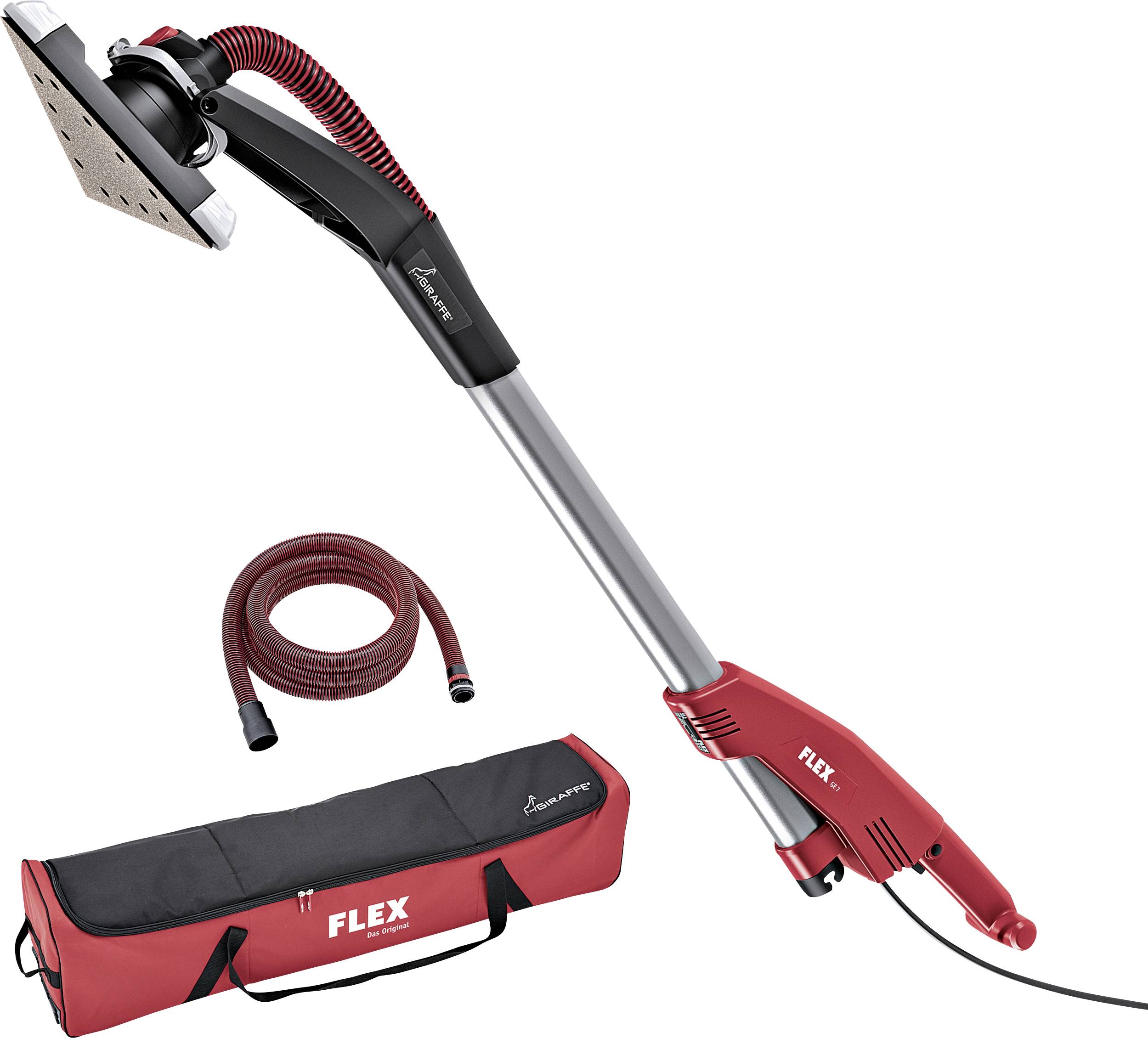 Langschleifer mit Staubsaugerschlauch und Tragetasche, typischerweise verwendet zum Schleifen von Wänden und Decken.