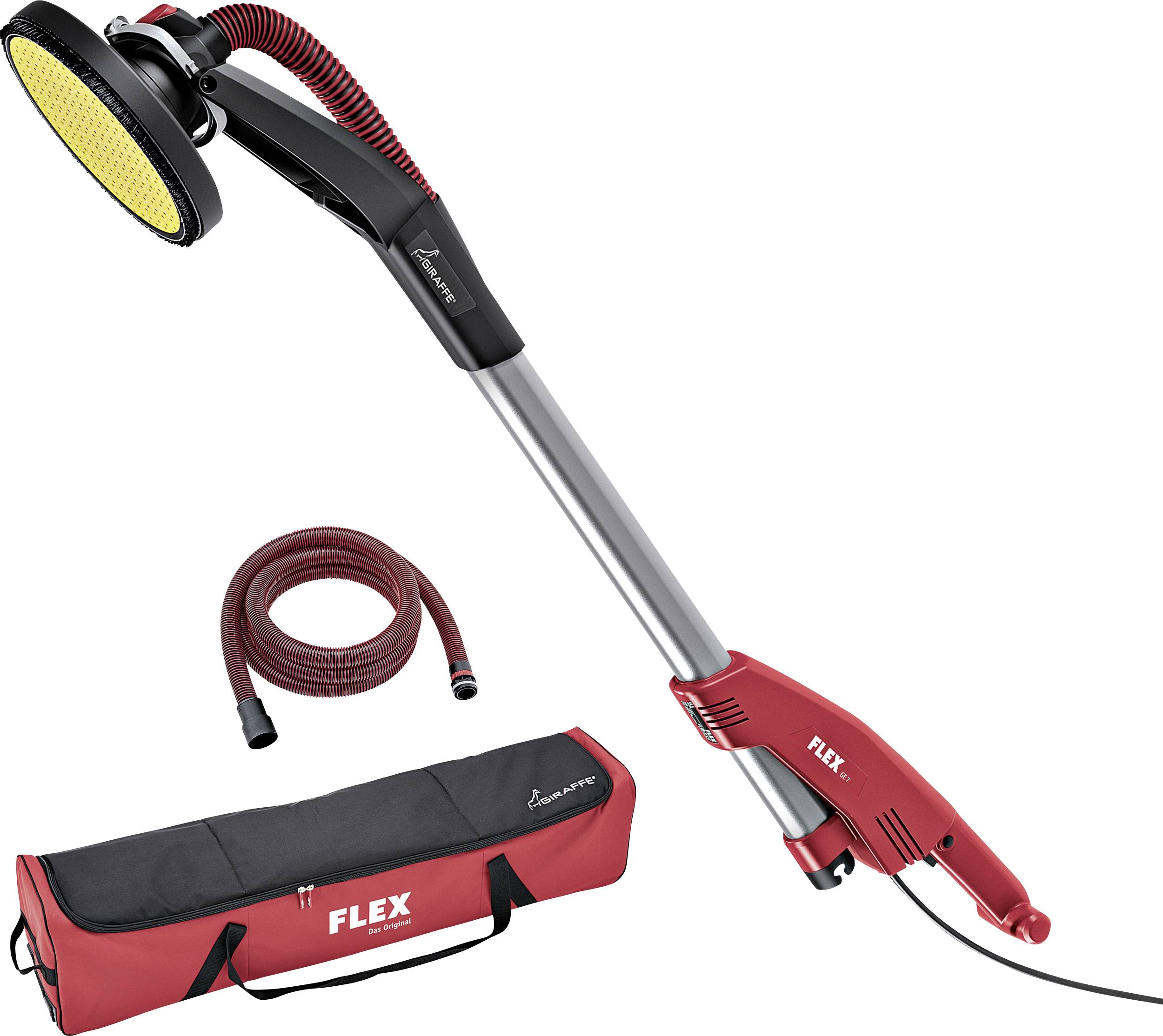 Langhalsschleifer mit Schlauch und Tragetasche. Gerät ist hauptsächlich rot und silbern, mit einem gelben Schleifkopf. Ideal zum Schleifen von Wänden und Decken.