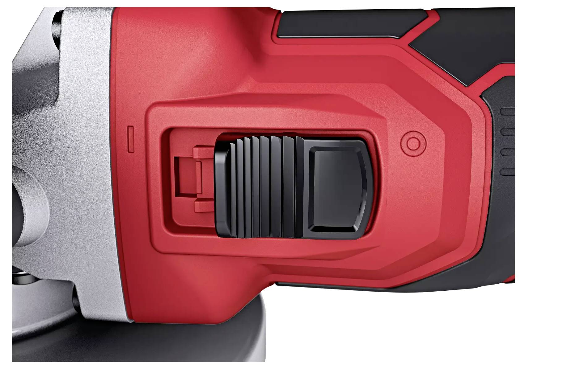 Nahaufnahme eines roten Elektrowerkzeugs mit schwarzem Schalter. Das Design zeigt eine robuste Konstruktion.