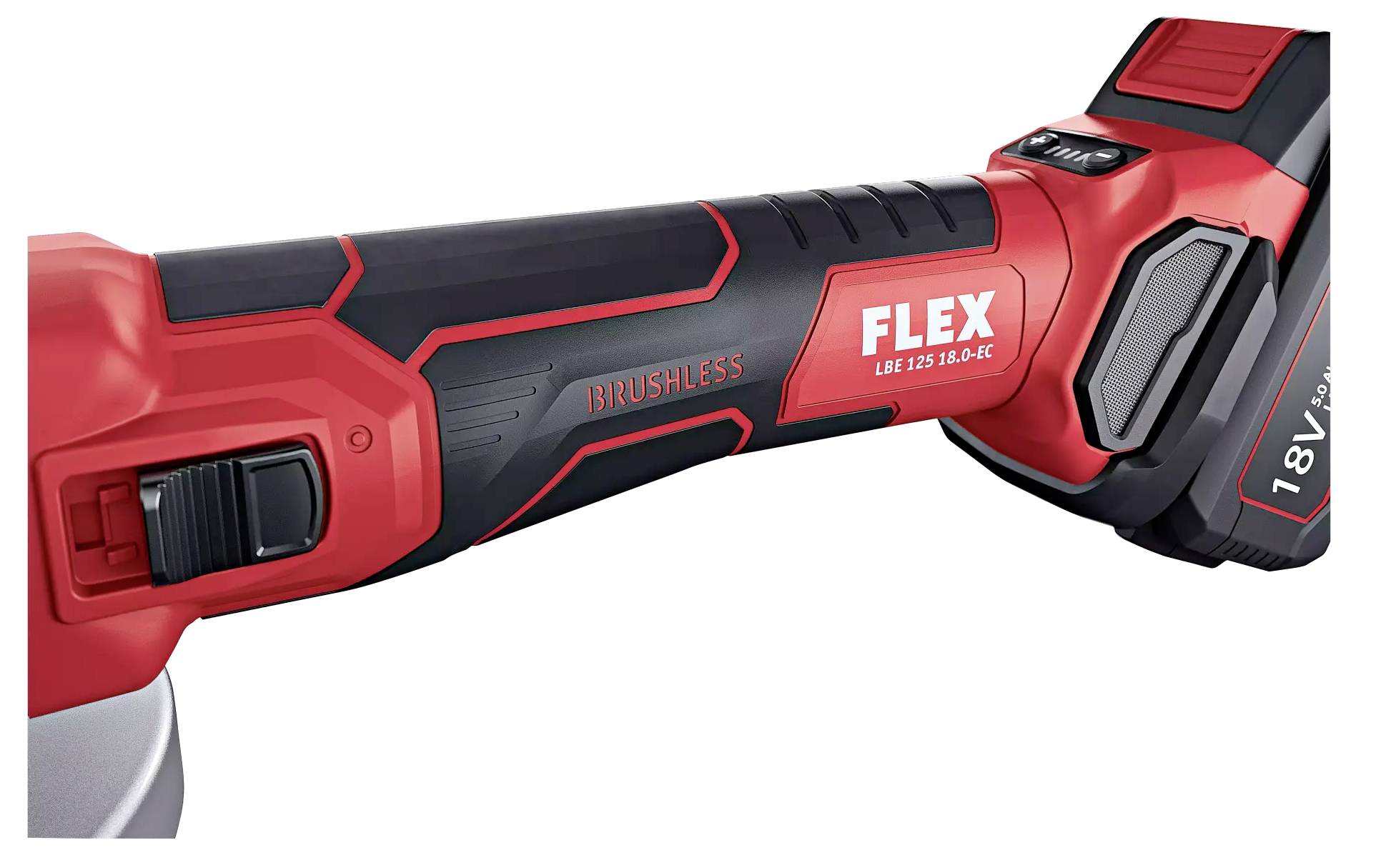 Ein rotes, kabelloses Flex-Werkzeug mit der Aufschrift 'Brushless LBE 125 18.0-EC', zeigt eine ergonomische Form und einen 18V-Akku.