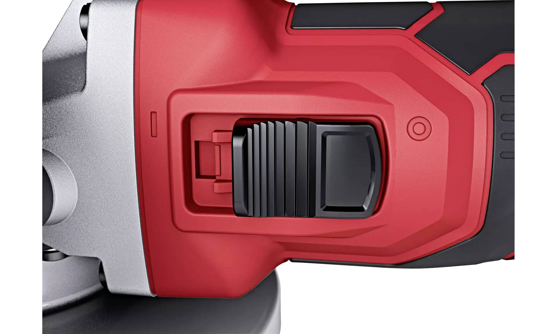 Nahaufnahme eines roten Schleifgeräts mit großem schwarzen Schalter, teils silbern. Gerät für Oberflächenbearbeitung, Werkzeug sichtbar.